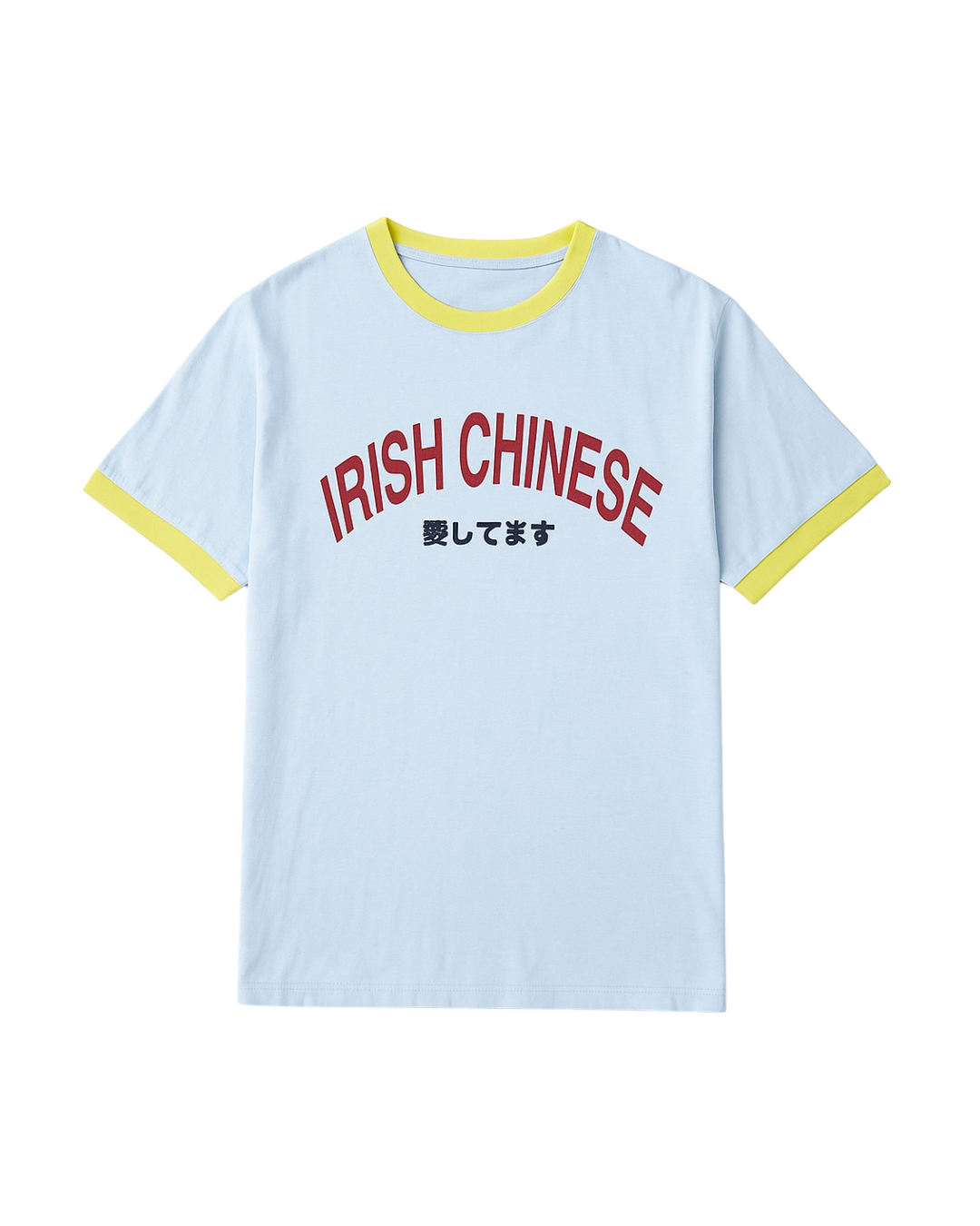 Light blue T-shirt with yellow collar and sleeve cuffs, printed with 'IRISH CHINESE' in red, and Japanese characters in black below.
