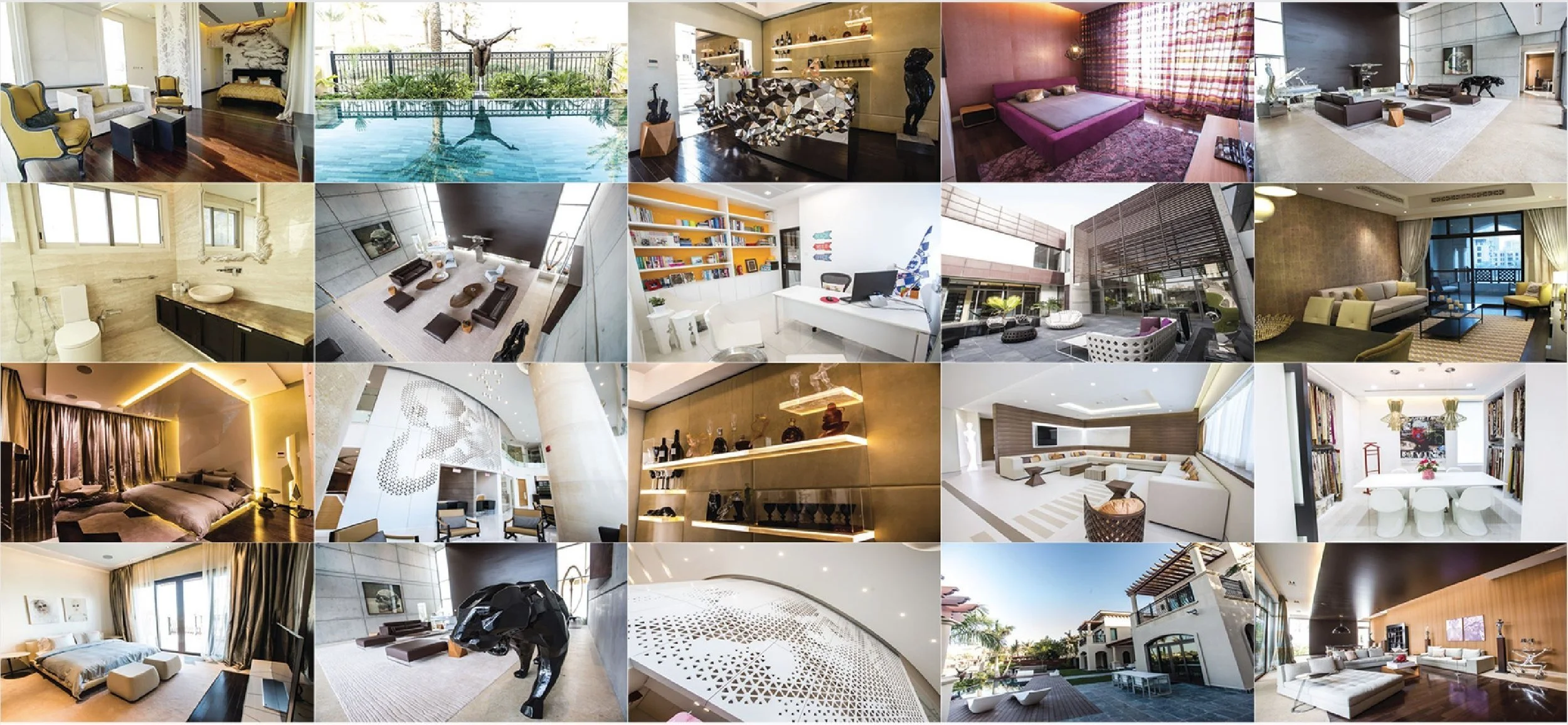 Collage of modern home interiors and exteriors, including living rooms, bedrooms, a swimming pool, home office, library, outdoor patio, and contemporary decor. Features sleek furniture, open spaces, and elegant design elements.