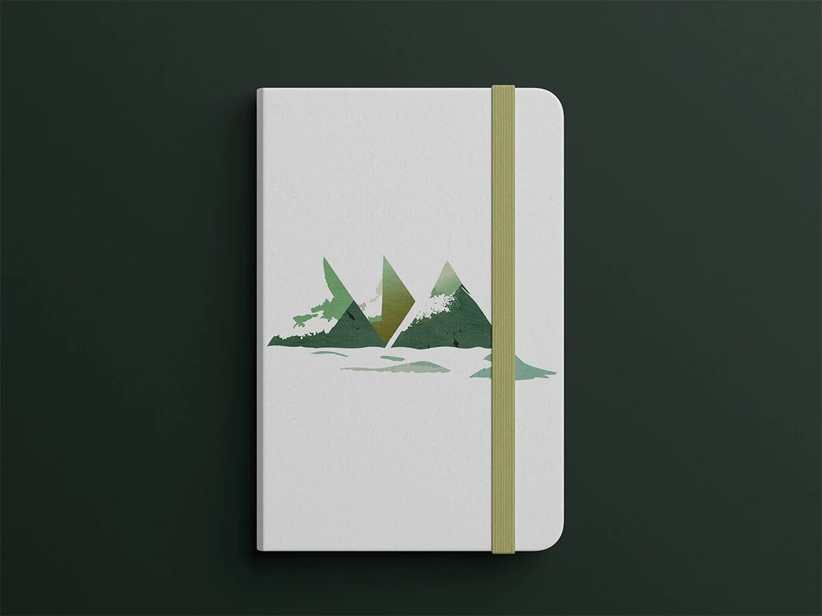 Sticker design project using stone material, inspired by ‘empty and full’ concept, natural textures, diverse color palettes, for nature hiking groups, The notebook cover, minimalist mountain landscape illustration, Sticker-Designprojekt, Natur