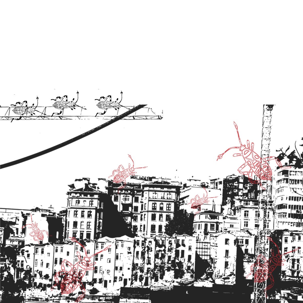 Digital illustration and mixed media collage by Ratanaz Dehnadi, combining abstract shapes, textures, and layered visual elements, Kreative digitale Collage und Illustration, geschichtete Texturen und abstraktes Design, Mixed-Media-Kunst 