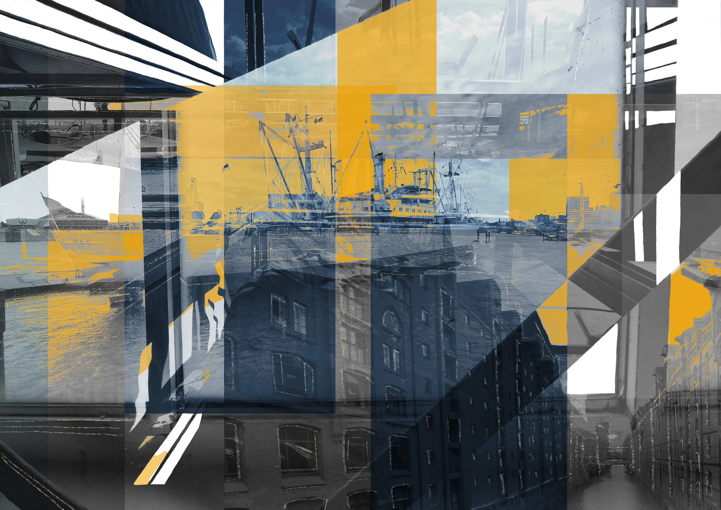 Digital illustration and mixed media collage by Ratanaz Dehnadi, combining abstract shapes, textures, and layered visual elements, Kreative digitale Collage und Illustration, geschichtete Texturen und abstraktes Design, Mixed-Media-Kunst 