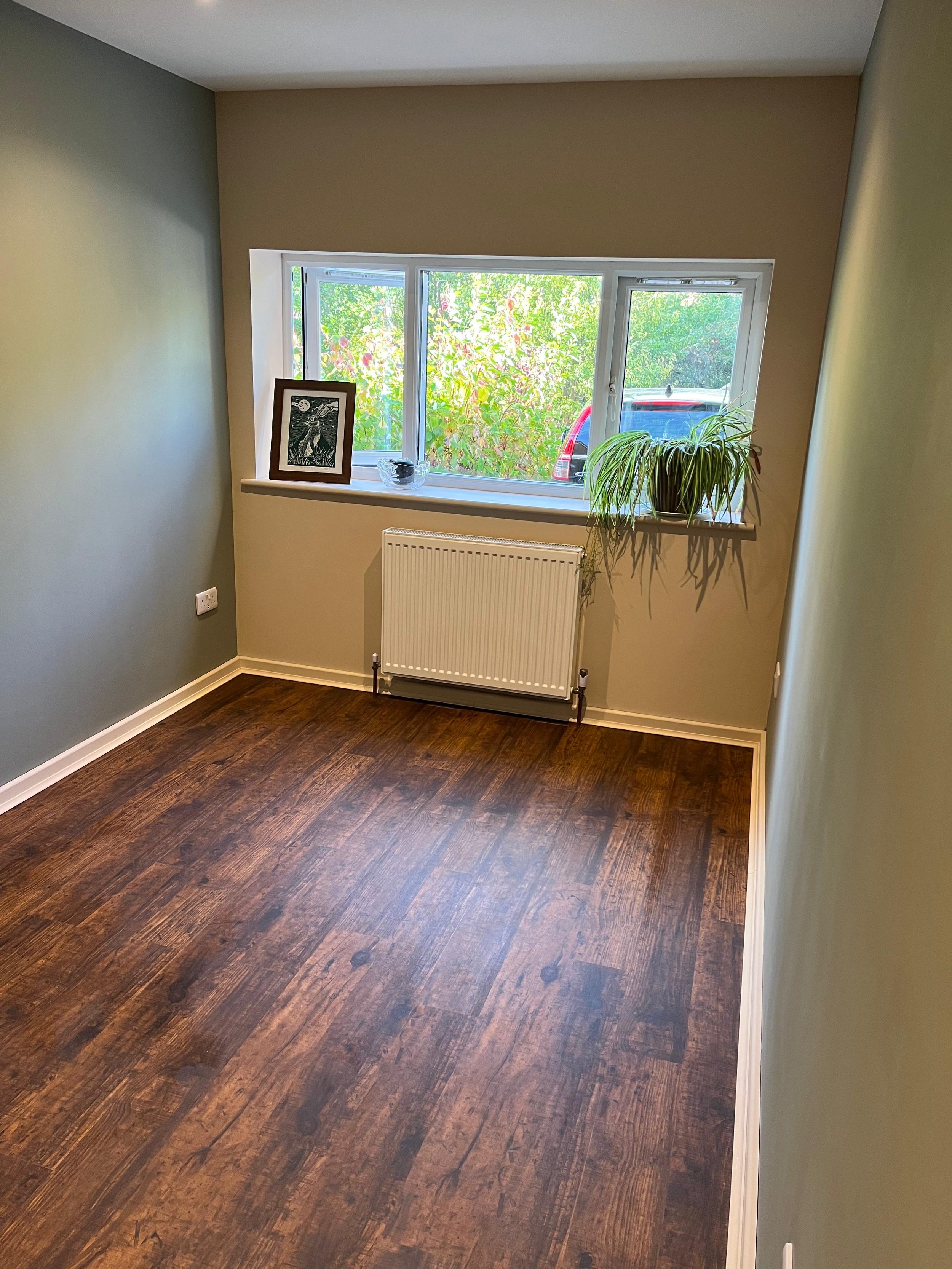 A small, empty room with green and beige walls, a wooden floor, a large window with a white frame, a radiator below the window, a picture frame and a potted plant on the window sill, and a view of trees and a parked car outside.