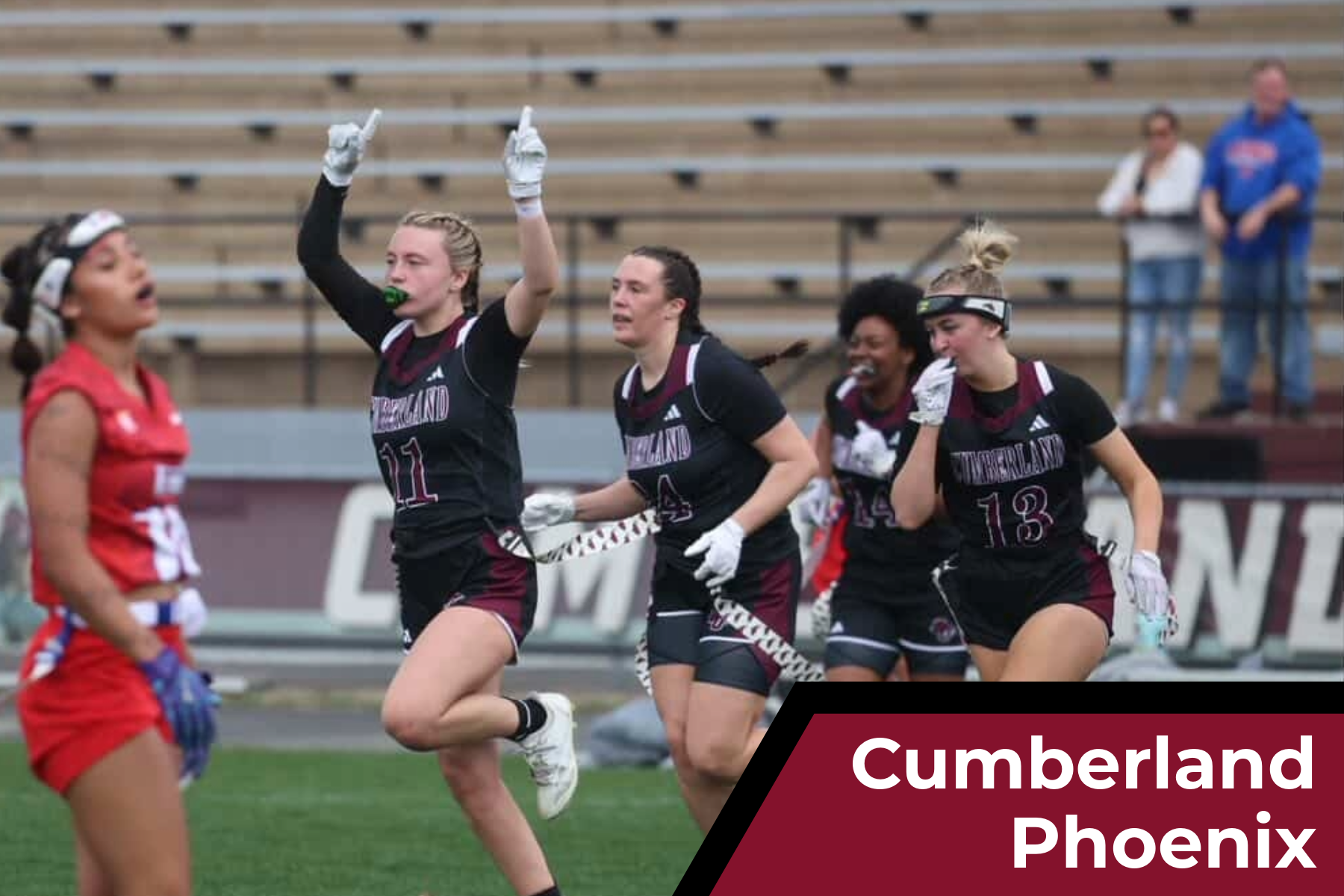 The Cumberland Phoenix celebrate during a game of women's college flag football.