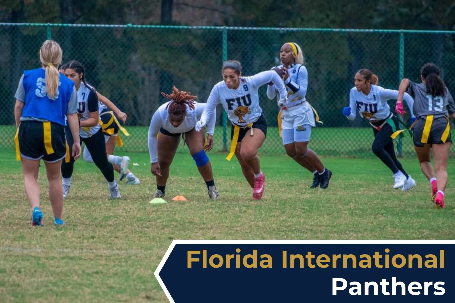 Florida International Panthers playing women's college flag football on a grassy field, some reaching for flags, others running.