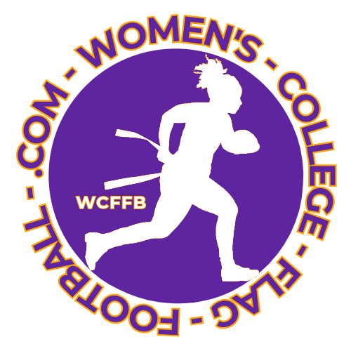 Logo with a purple background featuring a white silhouette of a woman running while holding a basketball. Around the silhouette, text reads 'WOMEN'S COLLEGE FLAG FOOTBALL' and 'COM .COWARD' in orange and purple, with 'WCFFB' inside the logo.