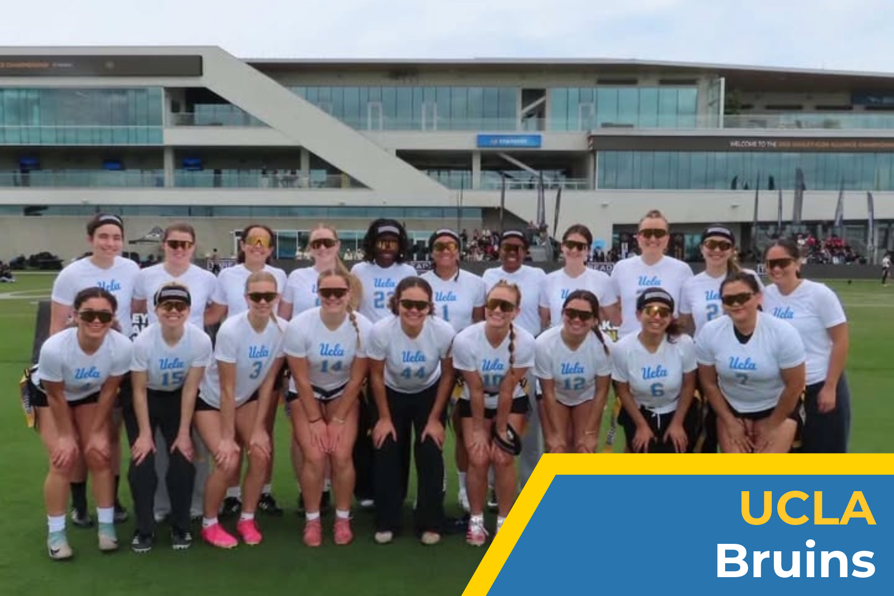Photo of the UCLA women's college flag football team posing for a photo
