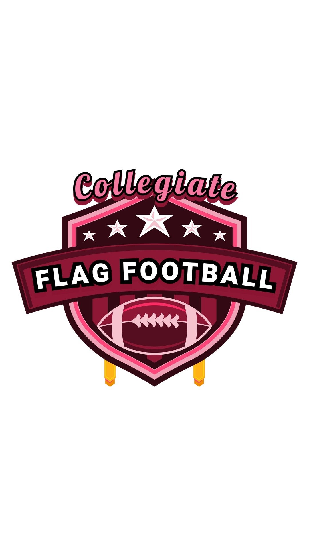 Logo for Collegiate Flag Football featuring a shield with stars, a football, and tipping flags.