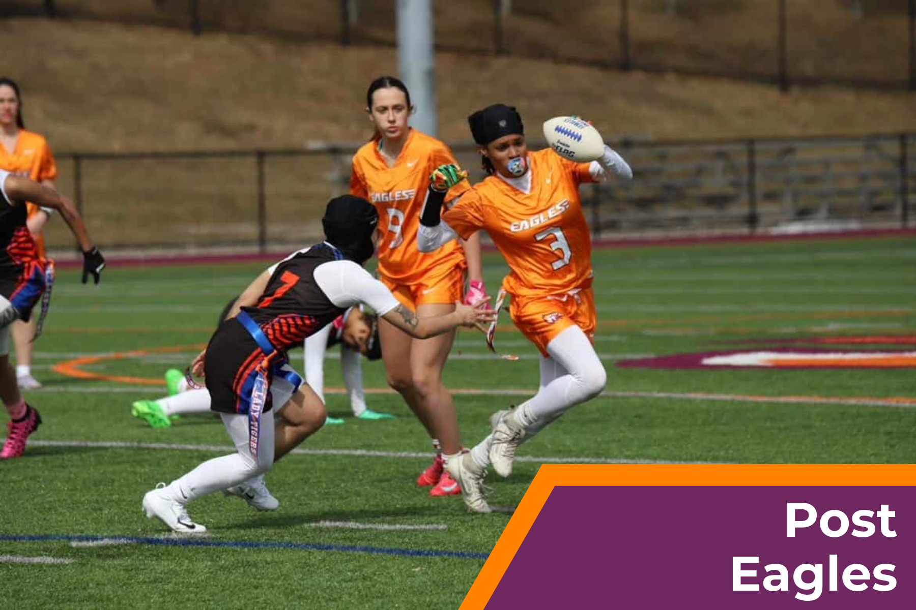 Post Eagles and Roxbury Tigers playing women's college flag football