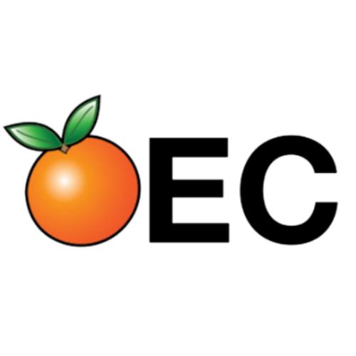 A graphic of an orange with green leaves next to the letter E and the letter C in black.
