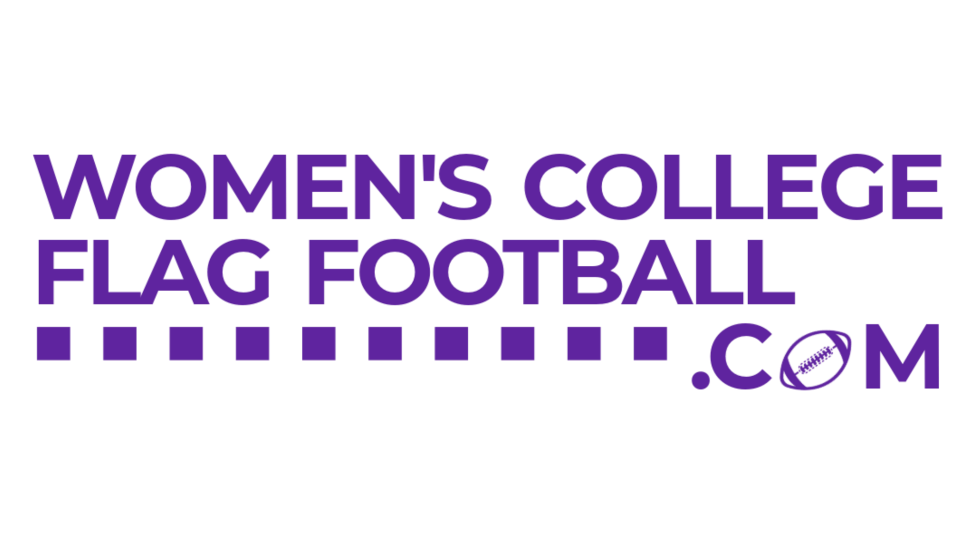 Logo for women's college flag football website, featuring purple text and a stylized flag icon.