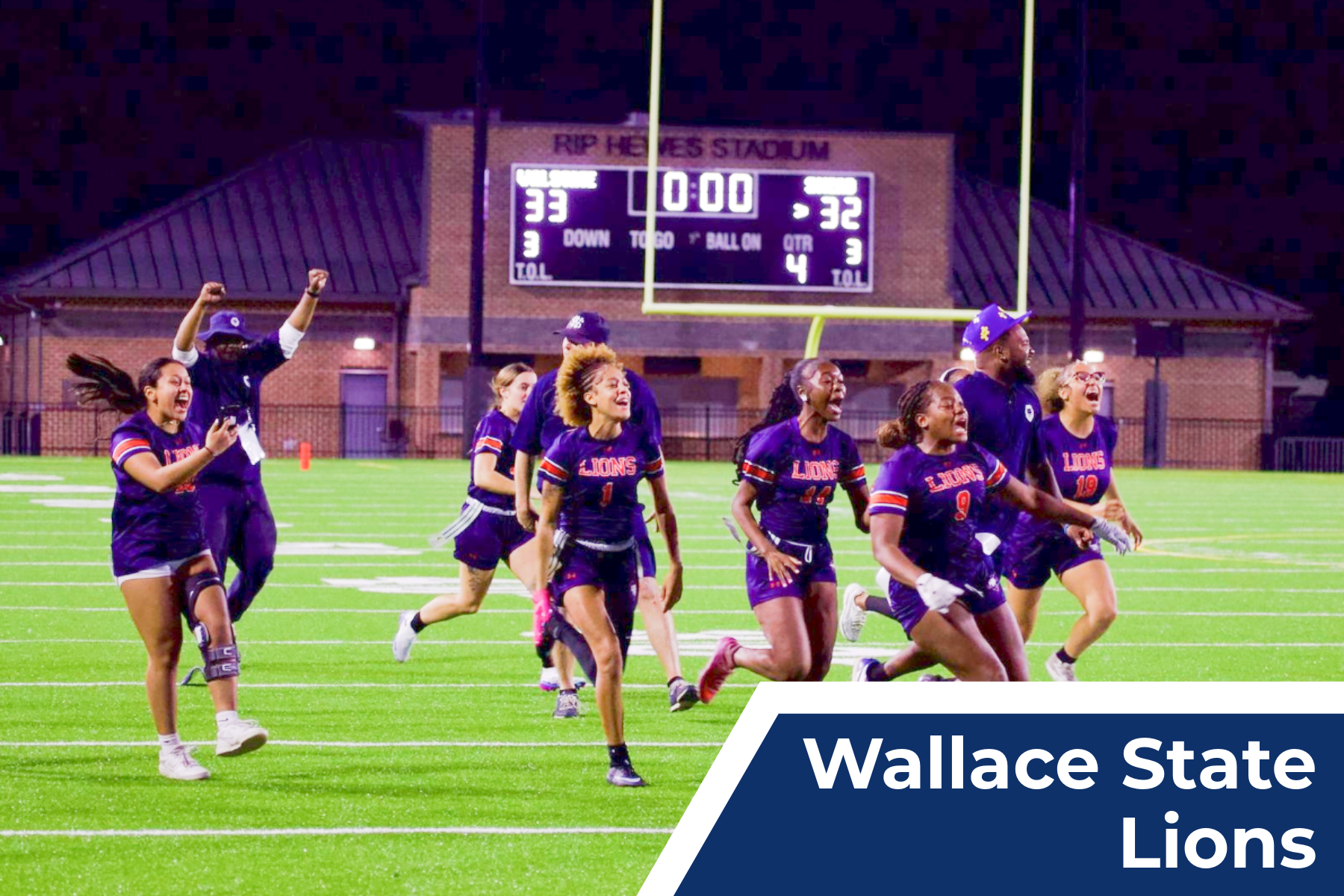 Wallace State Lions celebrate a big women's college flag football win