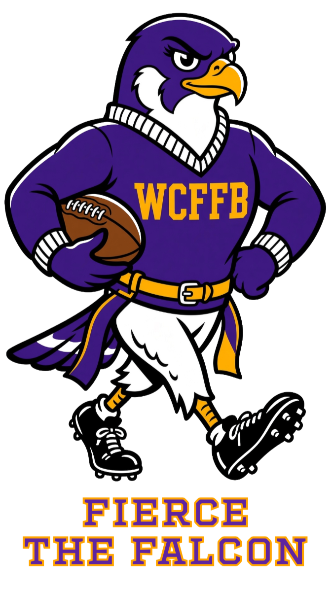 Fierce falcon mascot with purple feathers, wearing football jersey with 'WCFFB', holding football, in football gear including cleats, with text 'Fierce The Falcon' at the bottom.