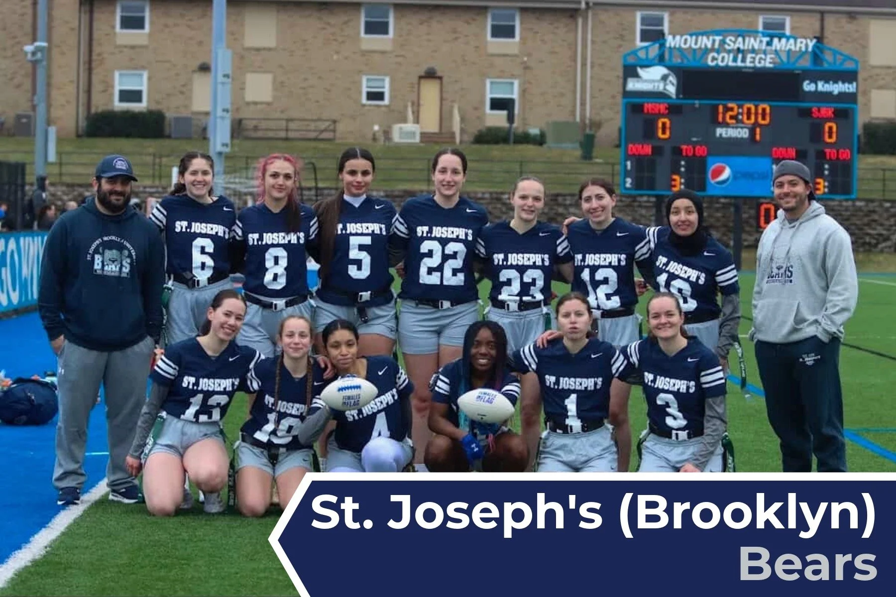 A group of young women and two men posing for a team photo on a football field, wearing matching navy blue and gray uniforms with 'St. Joseph's' written on them. The scoreboard behind them indicates the game is at Mount Saint Mary College, with a tim