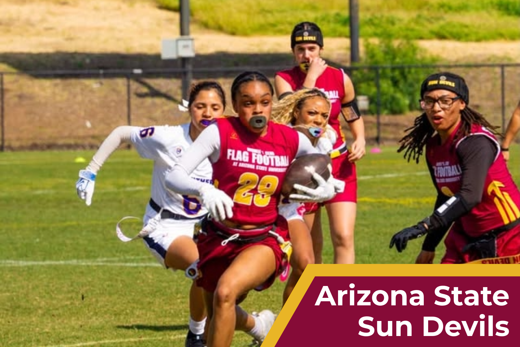 Arizona State Sun Devils women's college flag football players running on a green turf field during a game. 