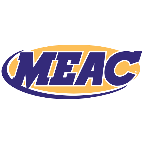 The MEAC logo with bold purple letters outlined in white, inside a yellow oval shape with blue accents.