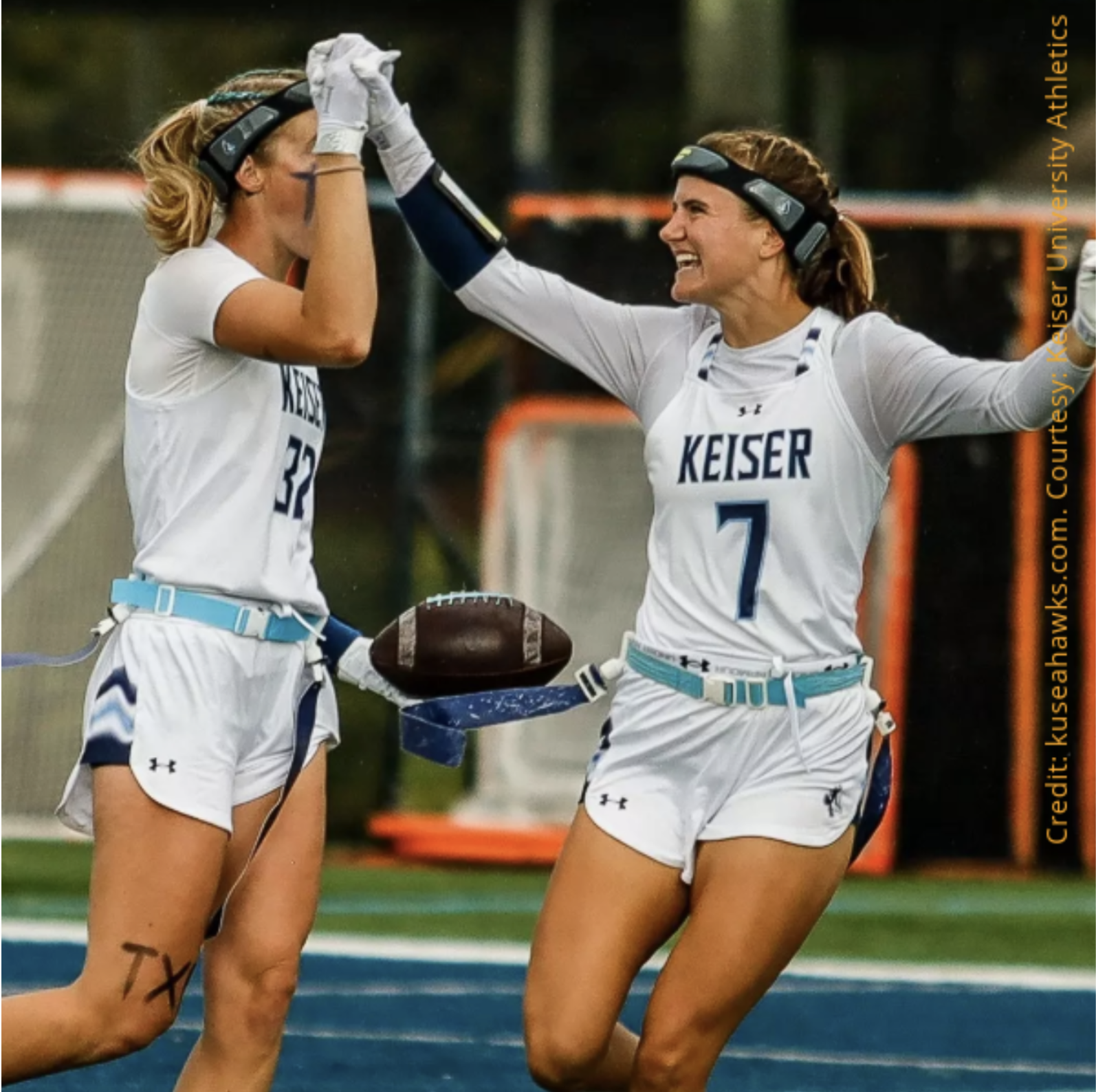 2025. Ashlea Klam, 32, and Chloe Griffin, 7, celebrate during an NAIA Sun Conference women's college flag football game between the Keiser University Seahawks and Warner University Royals.