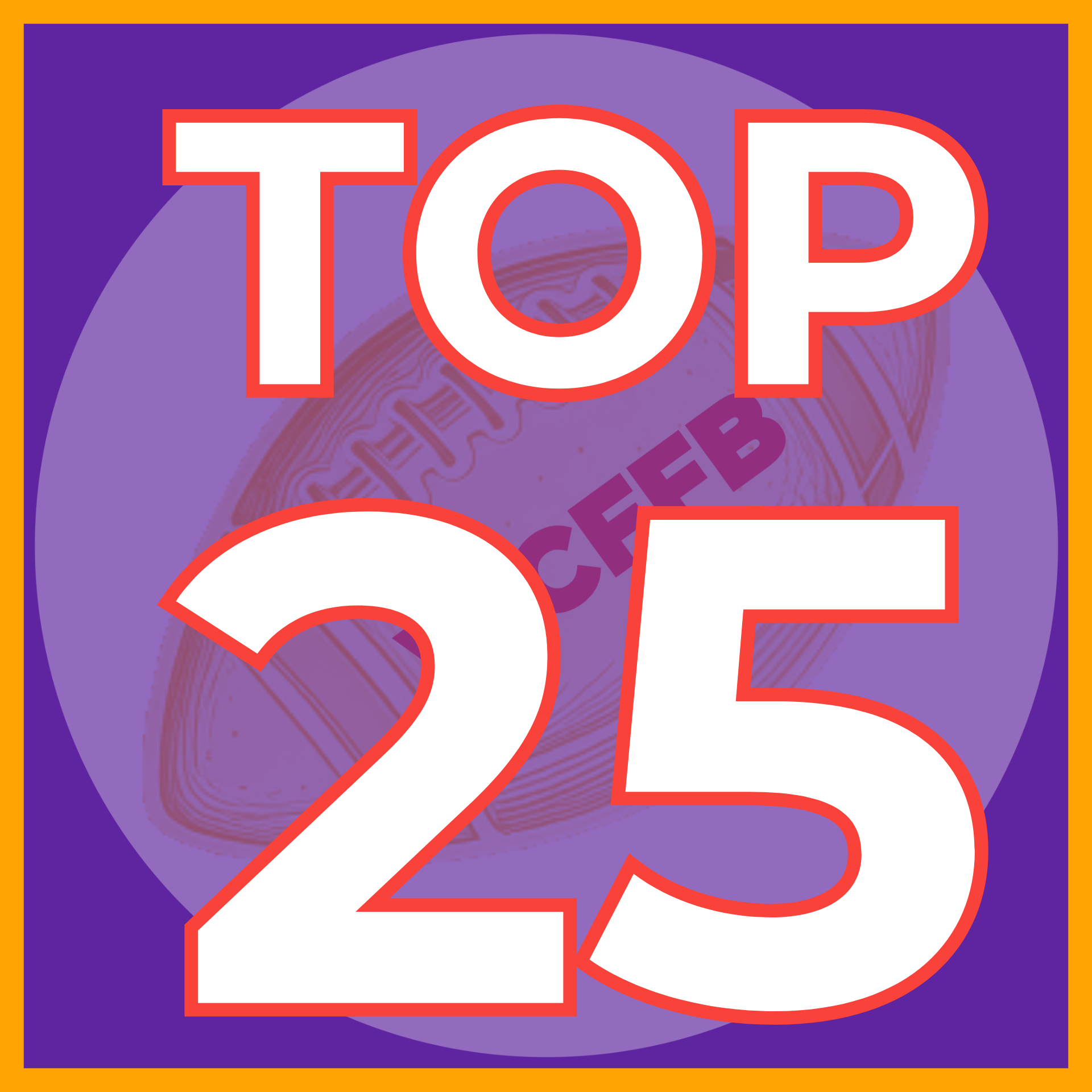 A WomensCollegeflagfootball.com colorful graphic with a purple background, featuring large white text outlined in red that reads 'TOP 25'. There's a partially visible lottery ticket in the background.