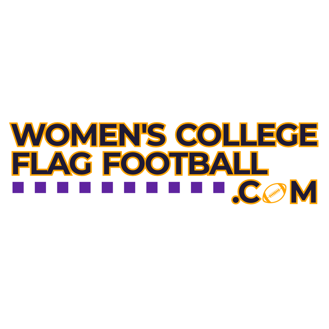 Logo for Women's College Flag Football with orange and purple text and a football icon.