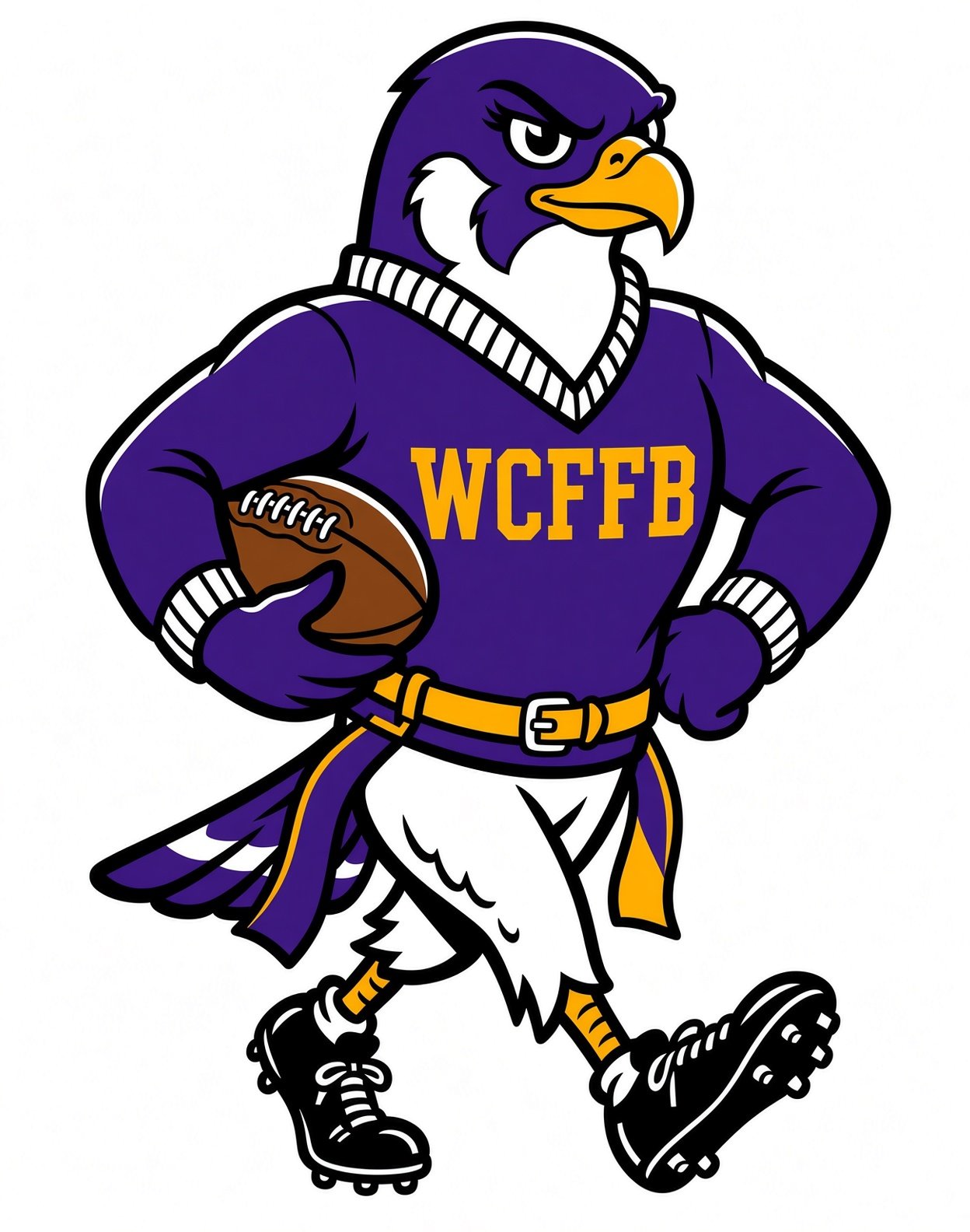 An anthropomorphic eagle mascot wearing a purple football jersey with 'WCFFB' on it, holding a football, dressed in white pants, black cleats, and a yellow belt, wearing roller skates.