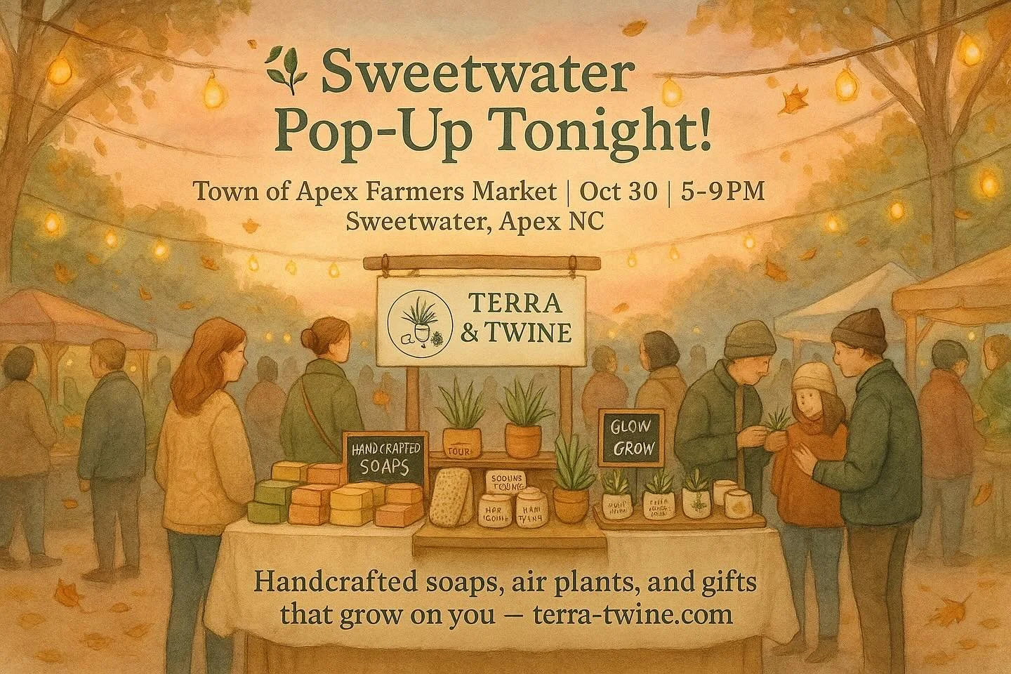 ✨ Sweetwater Pop-Up Tonight! ✨

Join us at the Town of Apex Farmers Market in Sweetwater, Apex NC from 5&ndash;8PM!

We&rsquo;ll be set up with our handcrafted soaps, air plants, and gifts that grow on you 🌿🧼

Come shop small, enjoy the fall evenin