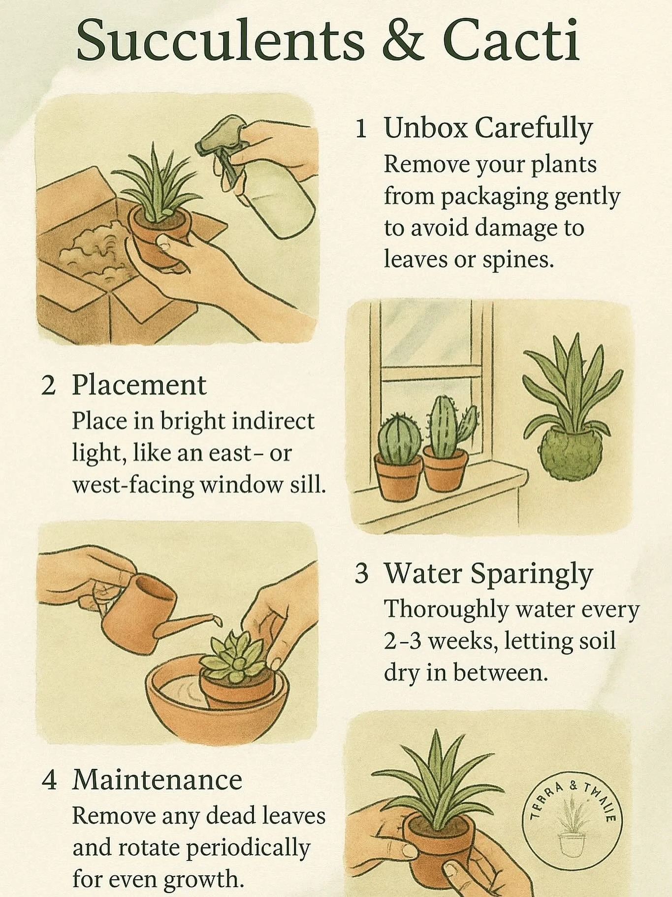 New to succulents and cacti? 🌵✨

Here&rsquo;s your quick-start guide to keeping your little green friends happy and thriving! 💚

☀️ Bright, indirect light
💧 Water every 2&ndash;3 weeks
🪴 Rotate and trim as needed

Keep it simple &mdash; your plan