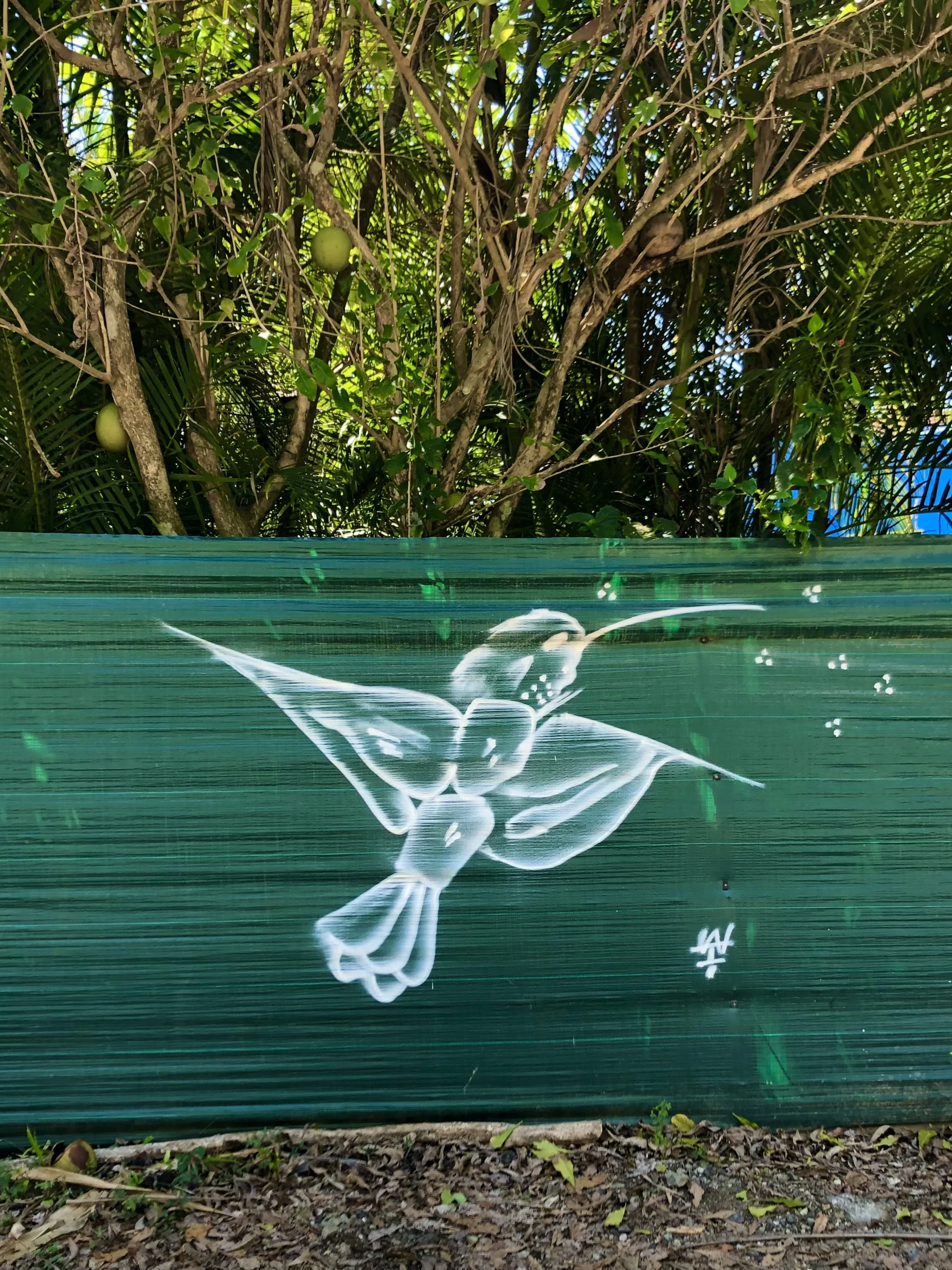 White abstract bird graffiti on a green wooden fence under lush trees.