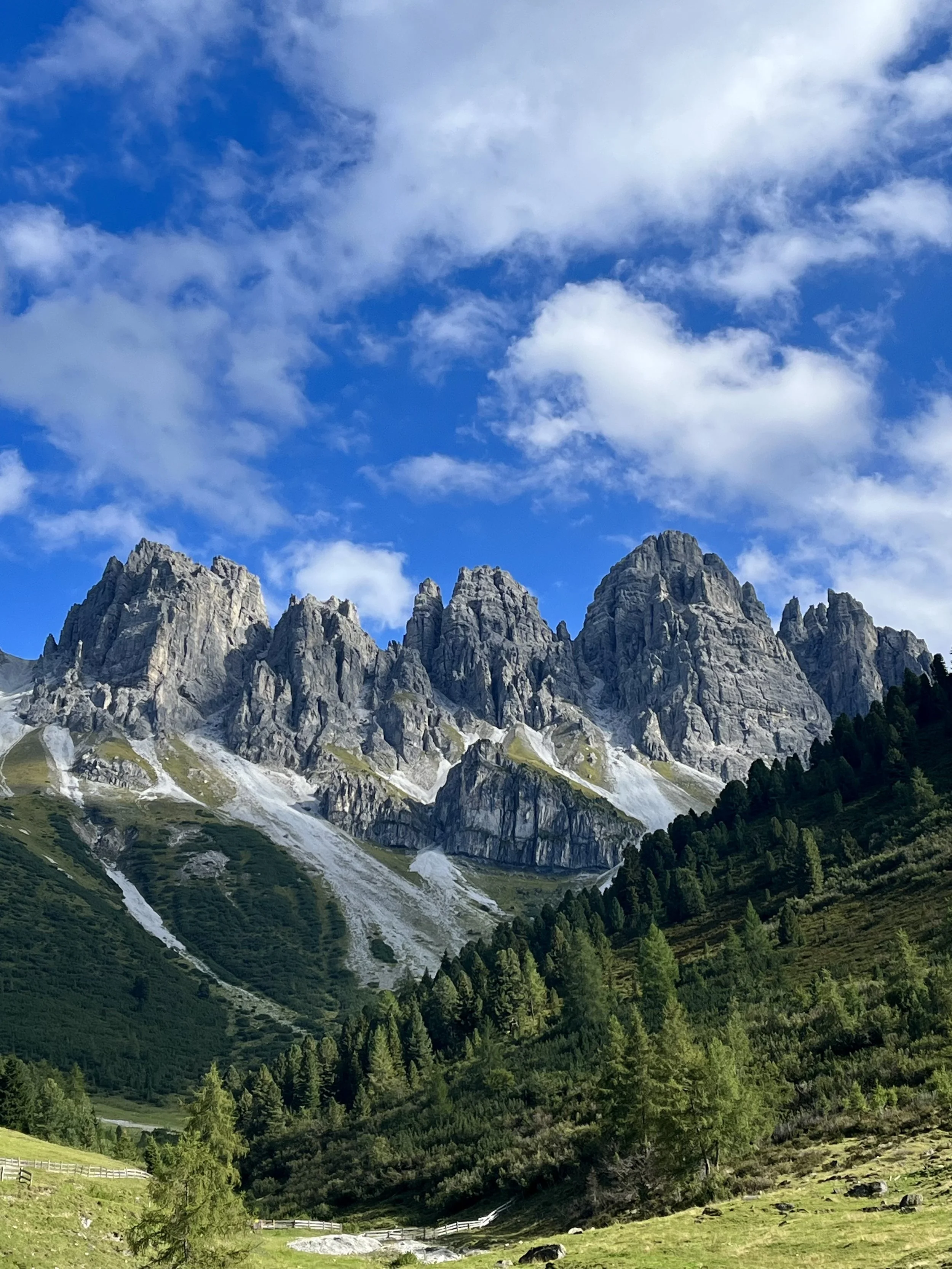 Scenic view of rugged mountain range with green forest and blue sky, featuring wispy clouds.