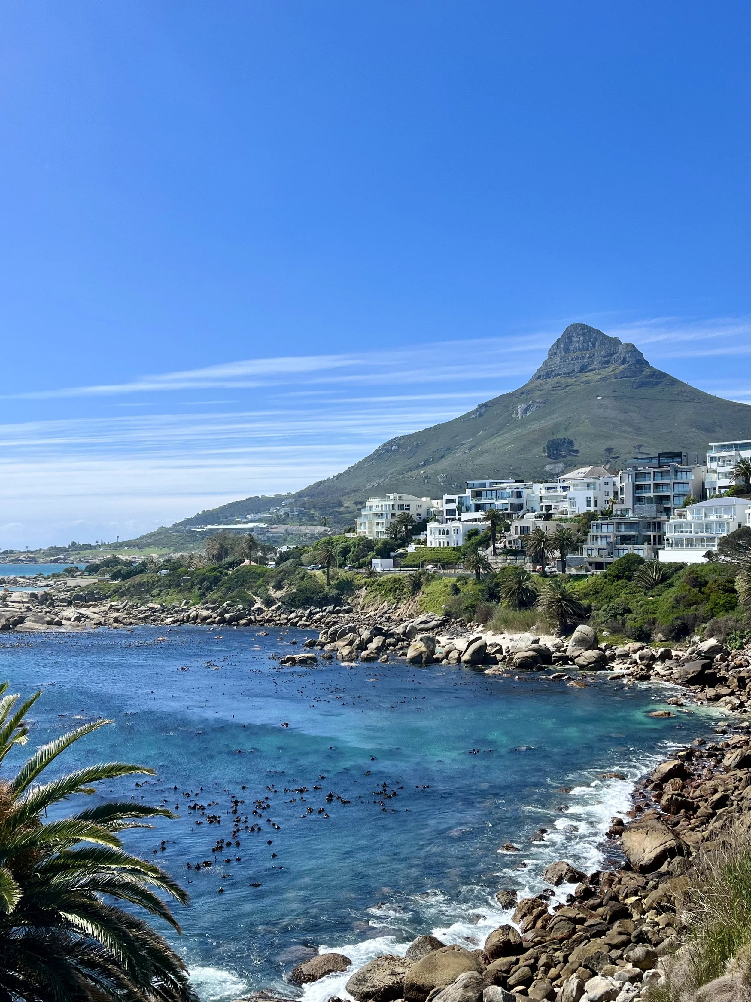 Coastal view with a mountain, ocean, and residential buildings.