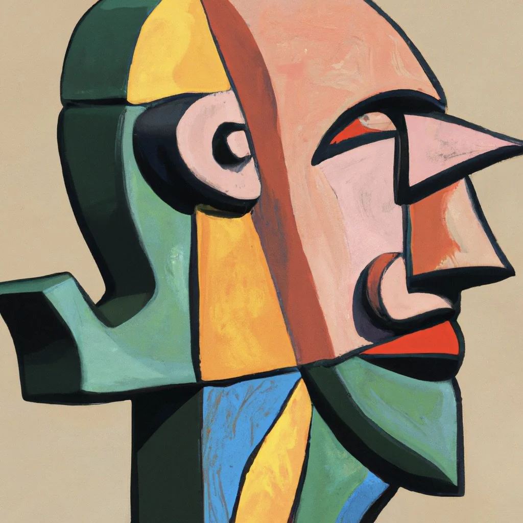 Abstract cubist painting of a human profile with geometric shapes and vibrant colors.