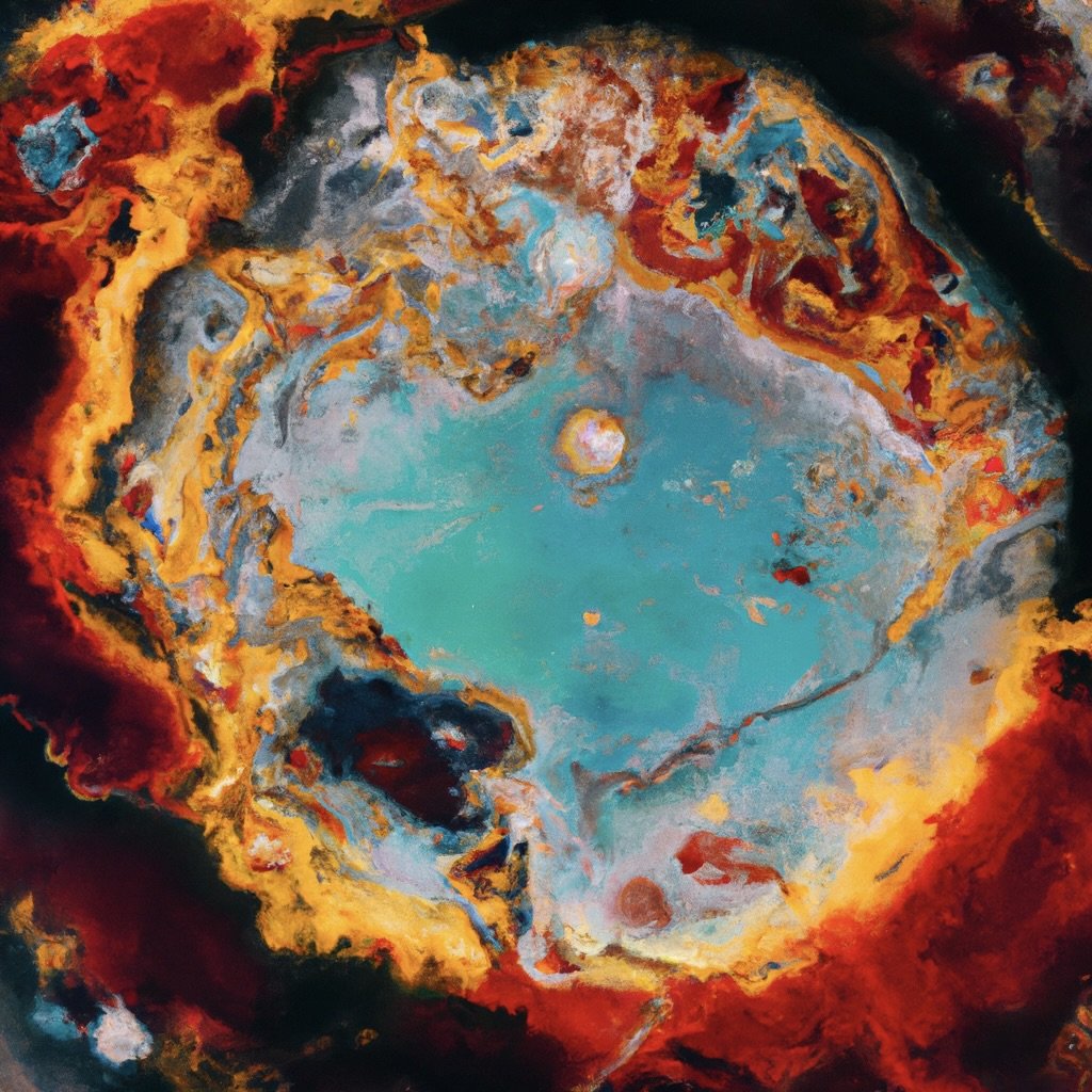 Abstract artwork with swirling colors, predominantly turquoise, orange, red, and black.