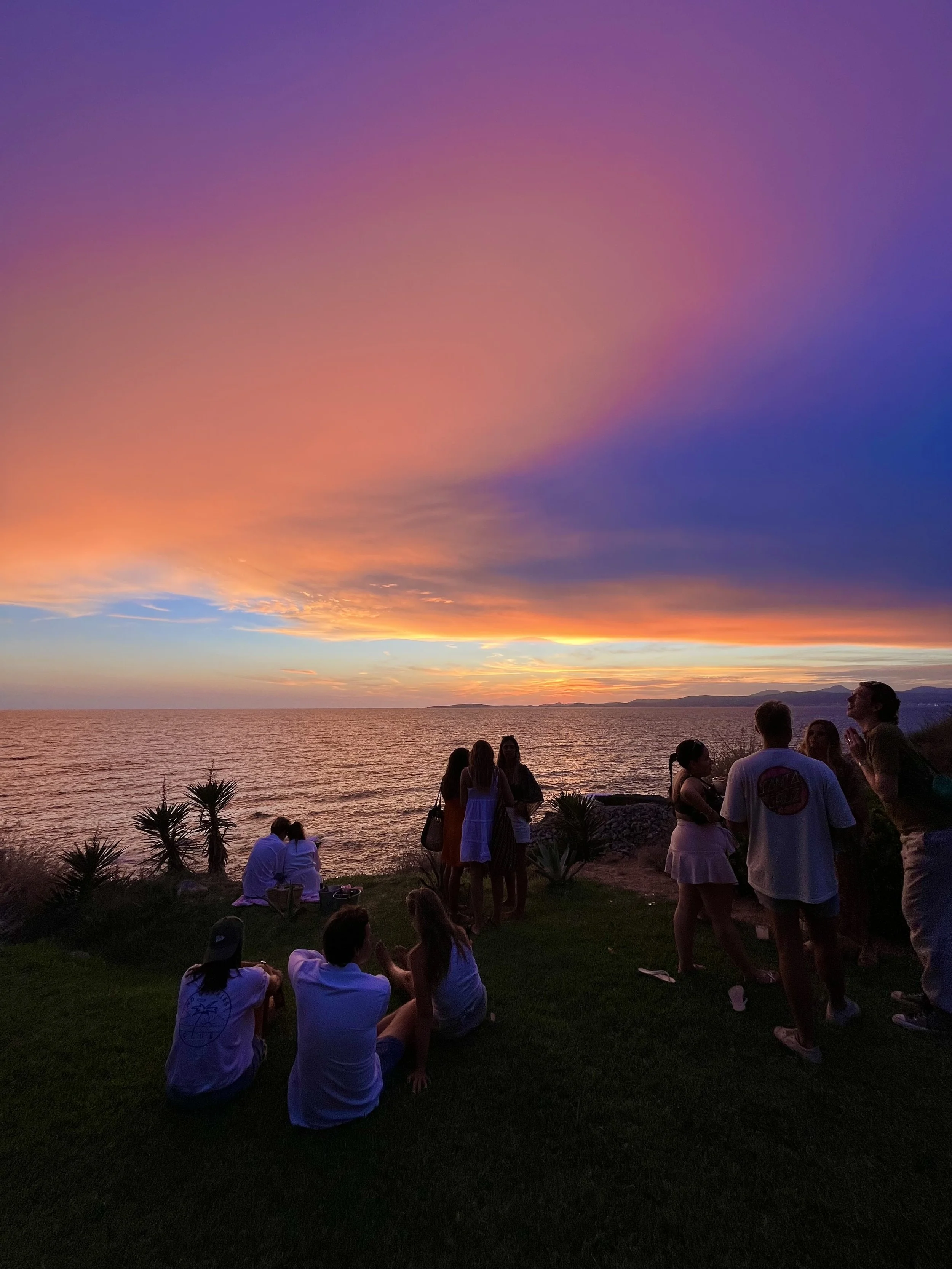 People sitting and standing on a grassy area watching a colorful sunset over the ocean.
