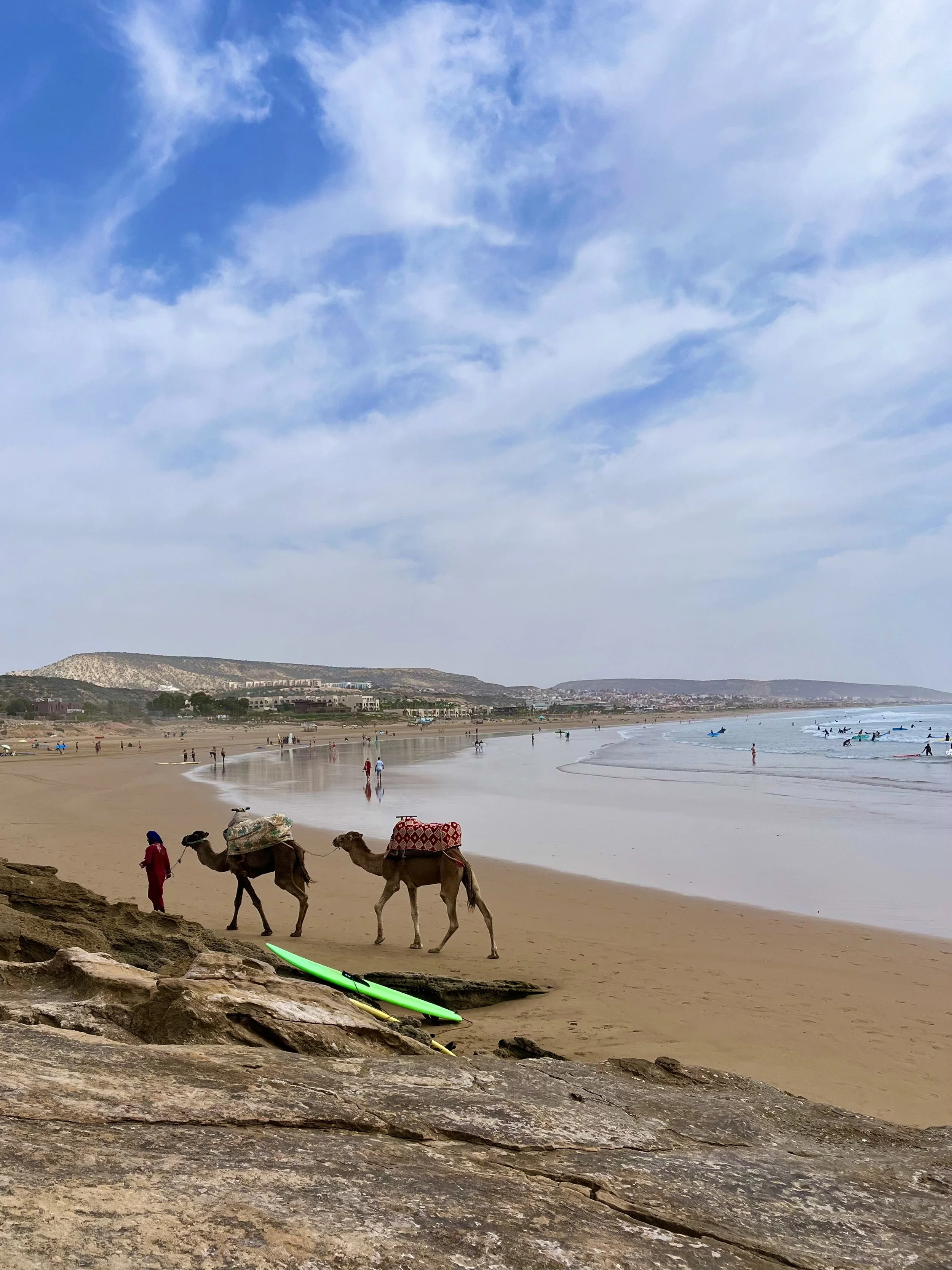 Beach scene with two camels led by a person, surfboards on the sand, ocean and surfers in the background.