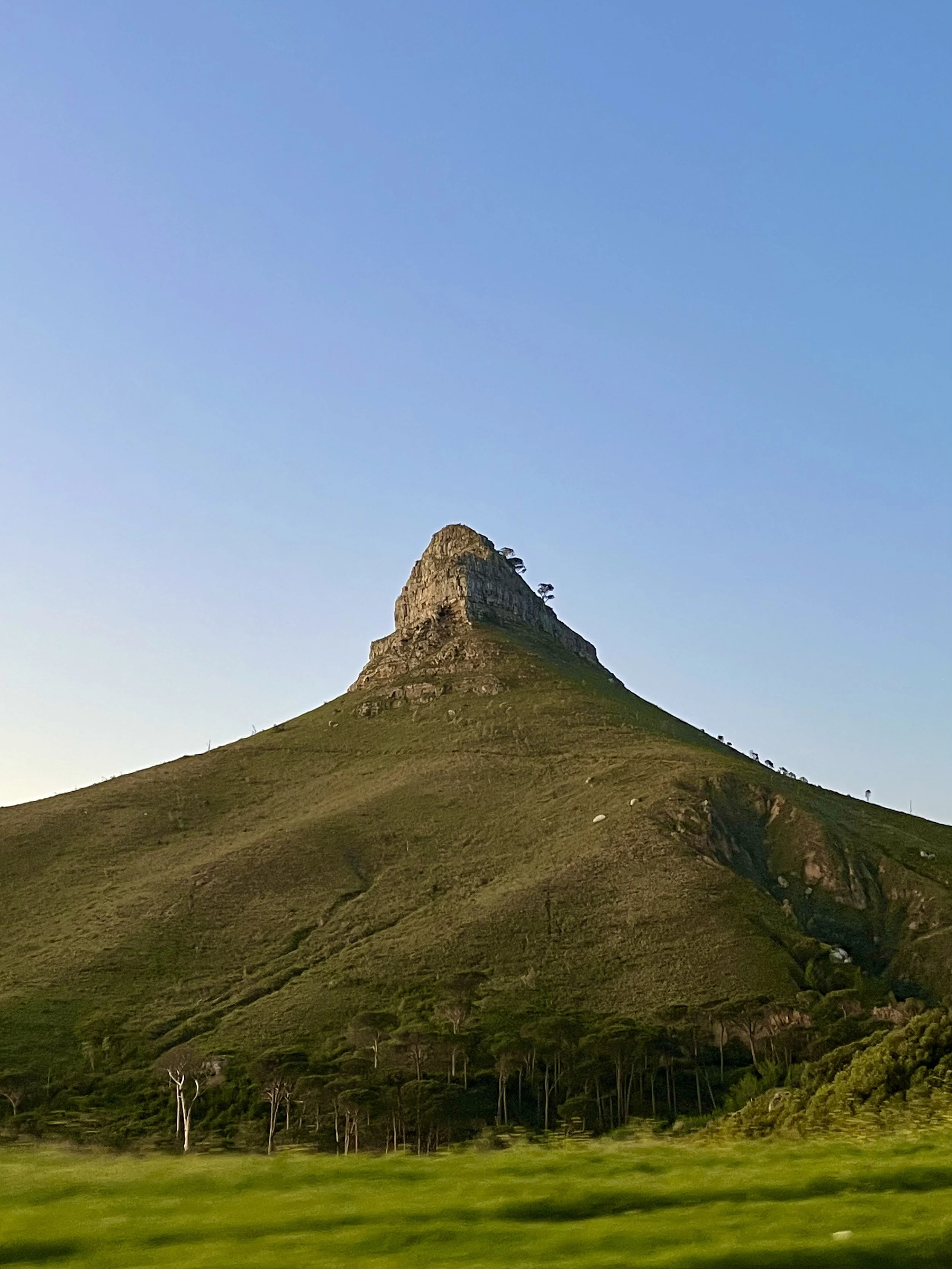 A mountain peak with grassy slopes under a clear blue sky.