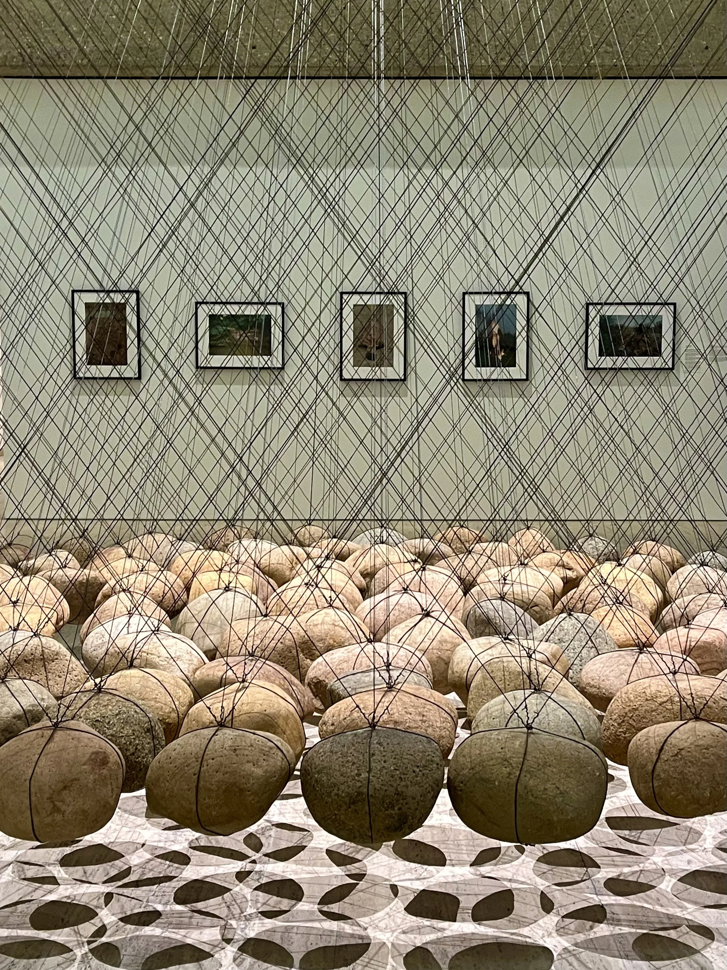 Art installation featuring rocks suspended by black strings with framed pictures on the wall behind.