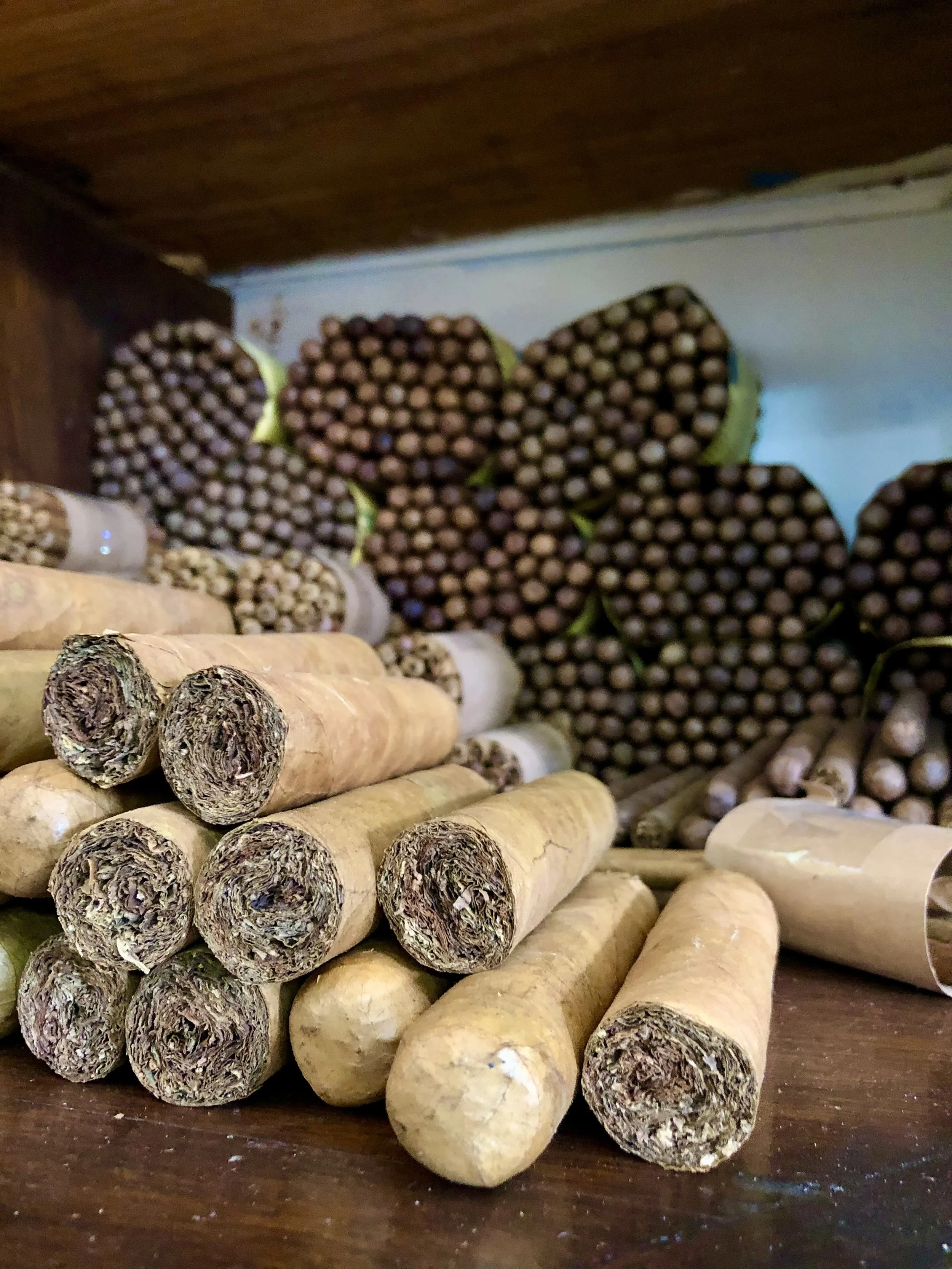 Close-up of neatly stacked cigars on a wooden shelf.