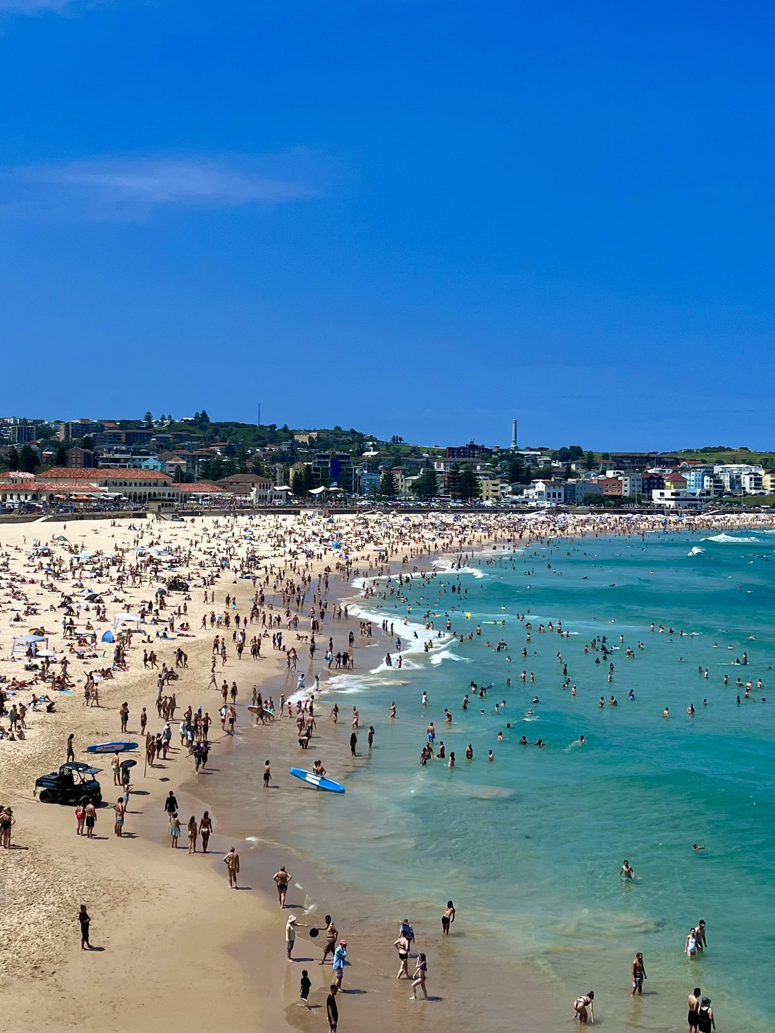 Crowded beach with people swimming and sunbathing under a clear blue sky.