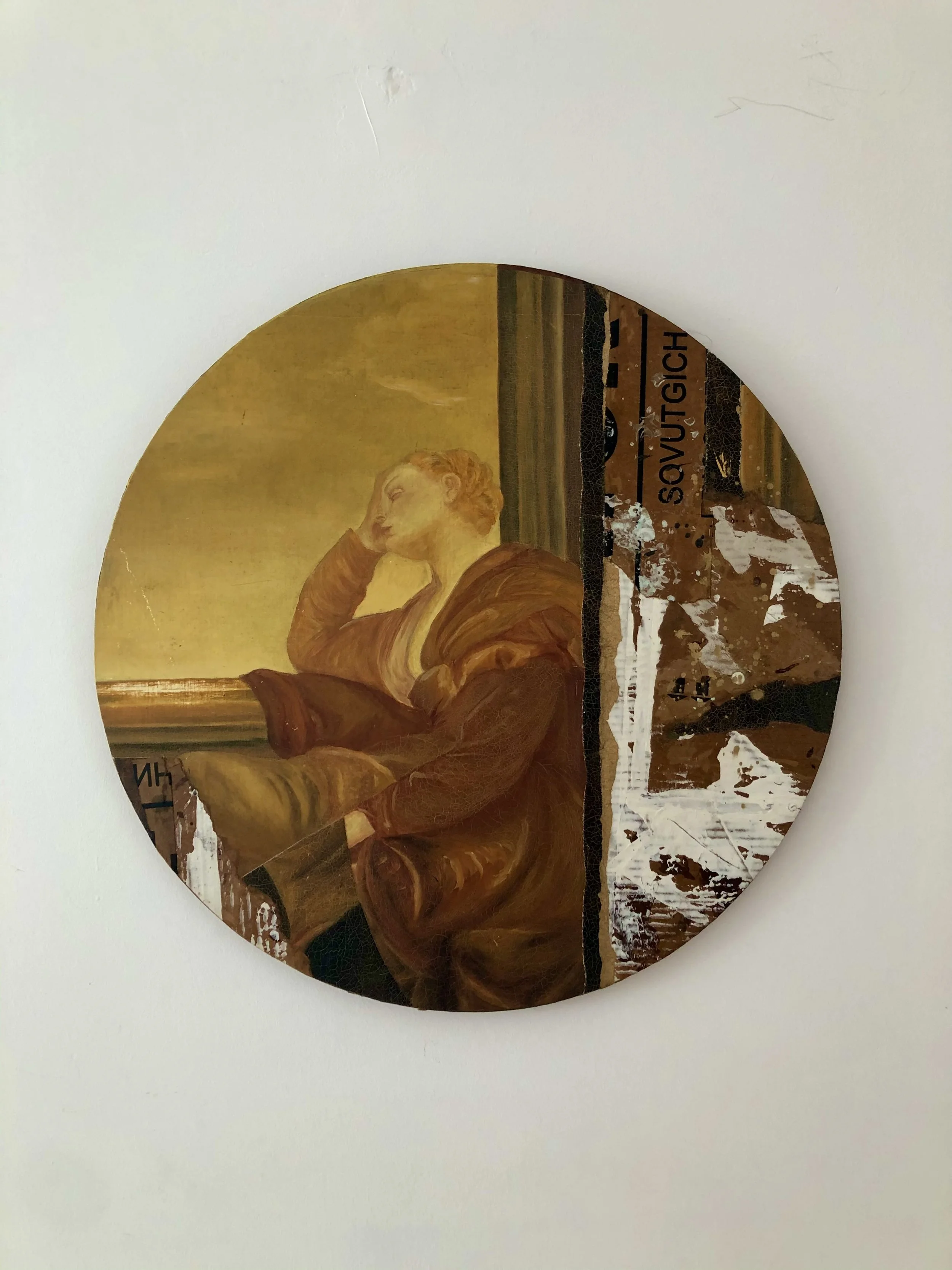 Circular artwork featuring a contemplative figure in a robe with hand on head, against a textured background.