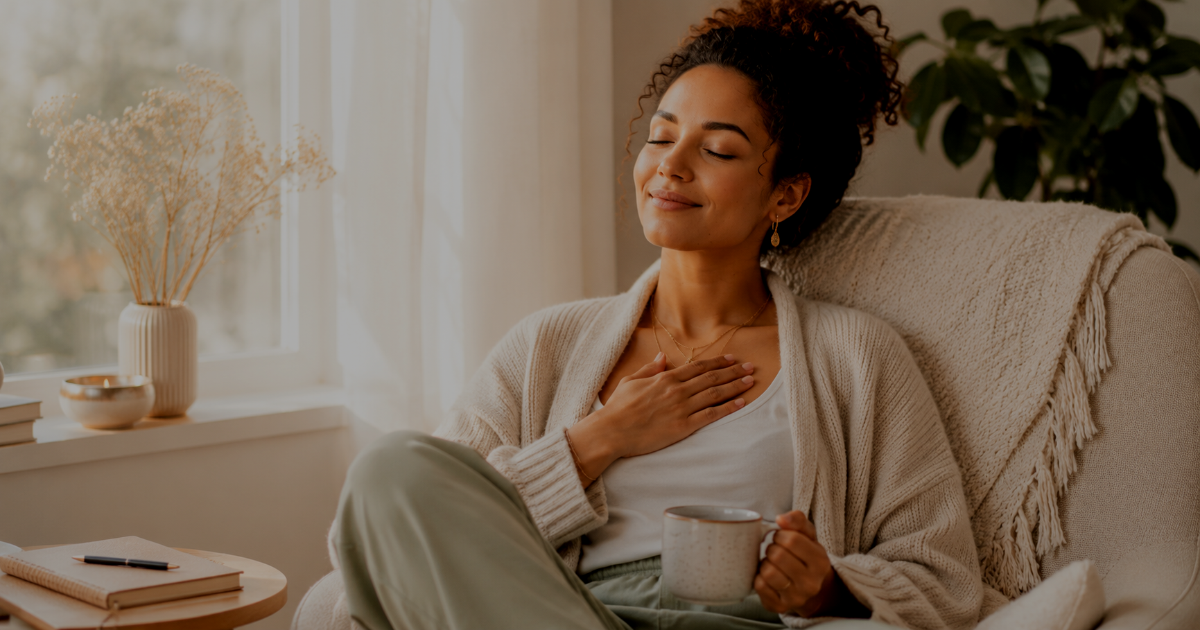 Afro-Latina woman sitting peacefully by a sunlit window with one hand on her heart and a warm mug nearby, symbolizing gratitude, contentment, and finding enough in everyday life.