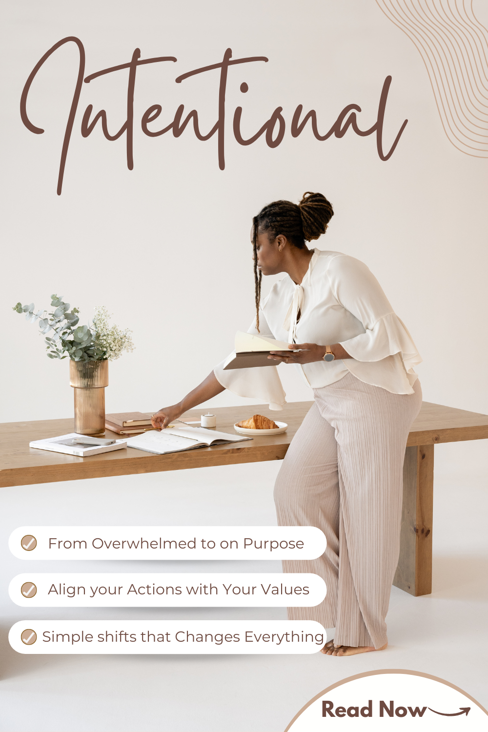 Black woman planning intentionally at a minimalist desk with a journal and weekly planner, featuring tips to align daily actions with personal values and move from overwhelmed to purposeful living.