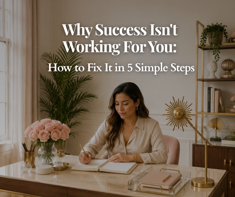 A feminine office scene with a woman writing in a planner at a polished desk, surrounded by blush roses, gold decor, and text overlay that reads: “Why Success Isn’t Working For You: How to Fix It in 5 Simple Steps.”