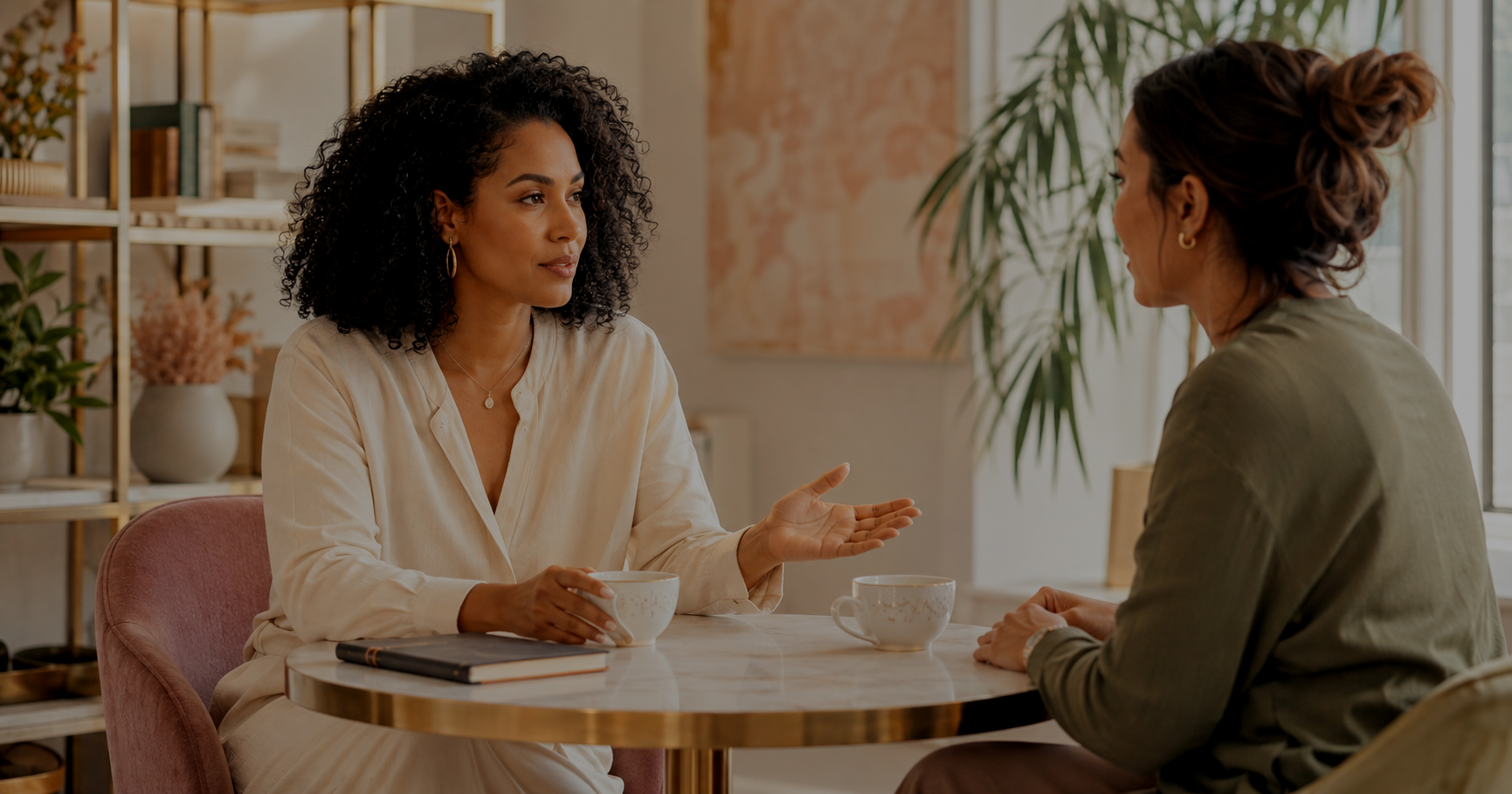 Confident Afro-Latina woman engaging in a respectful conversation with another woman, reflecting self-respect, healthy boundaries, and mutual respect.