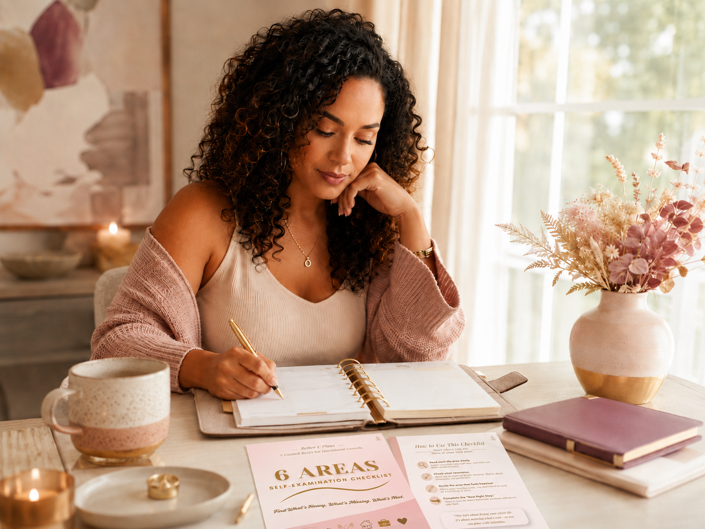 Afro-Latina woman journaling in a gold-ring planner at a warm, softly lit desk with blush florals, a ceramic mug, and printed Better U Plans checklist pages for a mid-year self-examination reset.