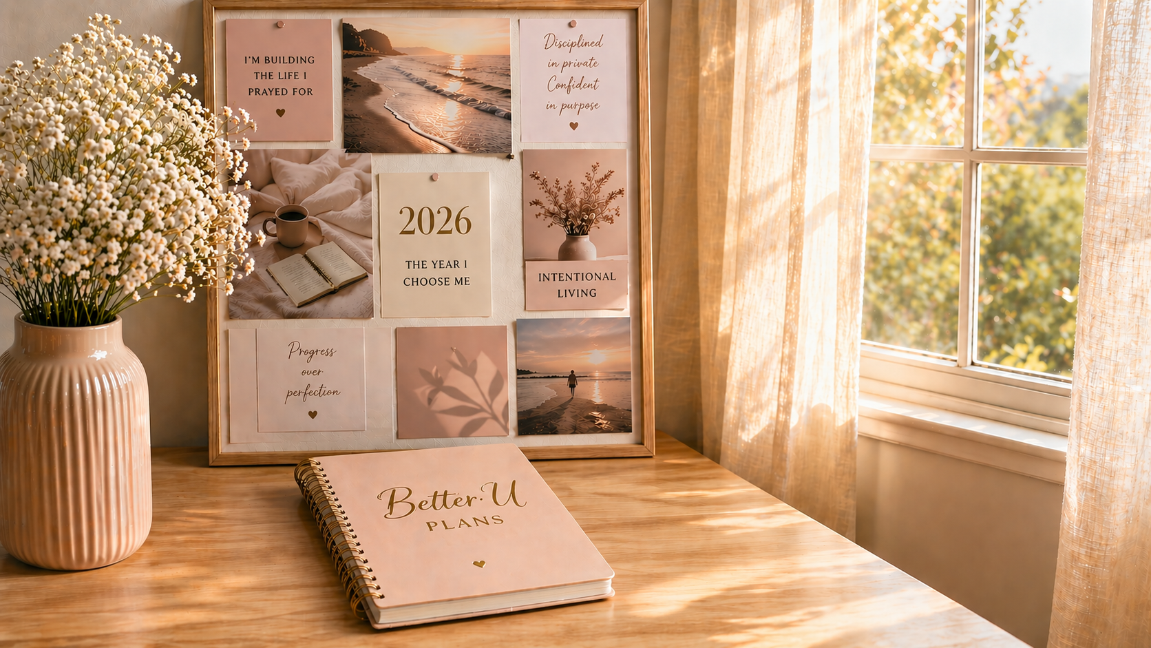 Soft feminine workspace with a vision board, blush notebook labeled Better U Plans, and morning light through linen curtains, representing intentional living, goal setting, and personal growth for women in 2026.