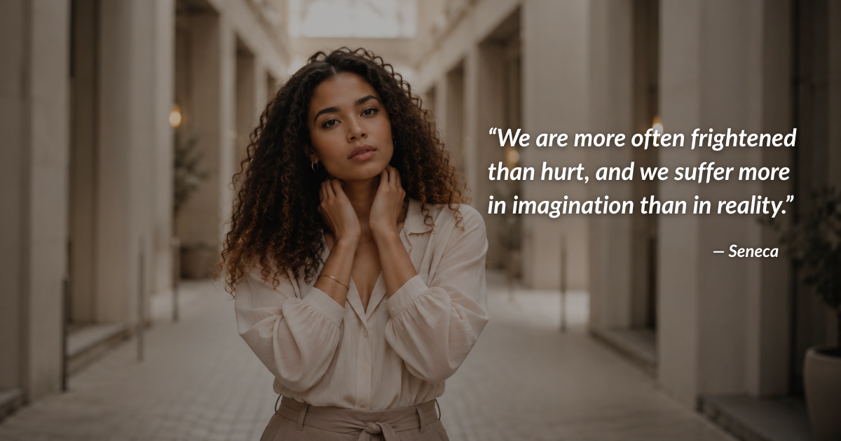 Afro-Latina woman standing in a soft neutral hallway with a Seneca quote about fear, imagination, and reality, symbolizing self-sabotage and anxious overthinking.