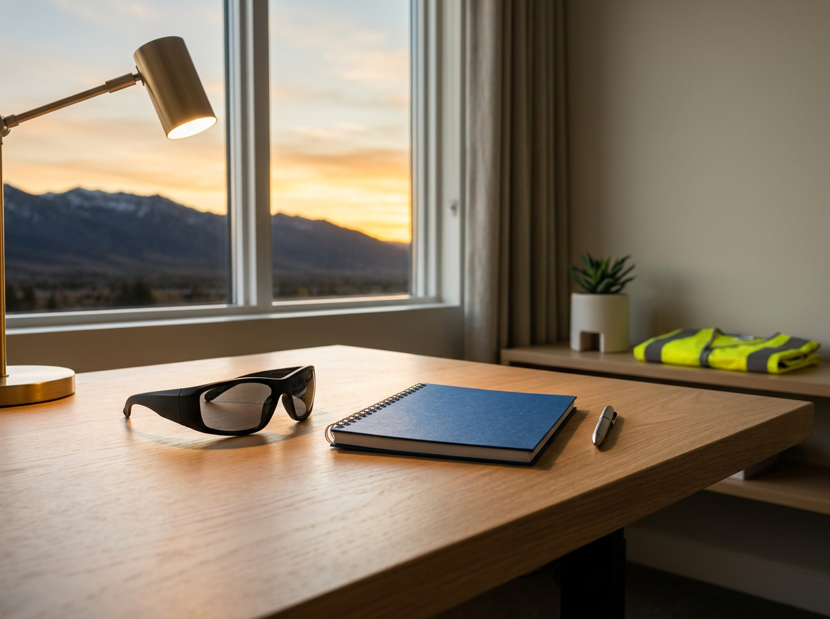 Office desk with sunglasses, notebook, and pen, near a window showing a mountain landscape at sunset.