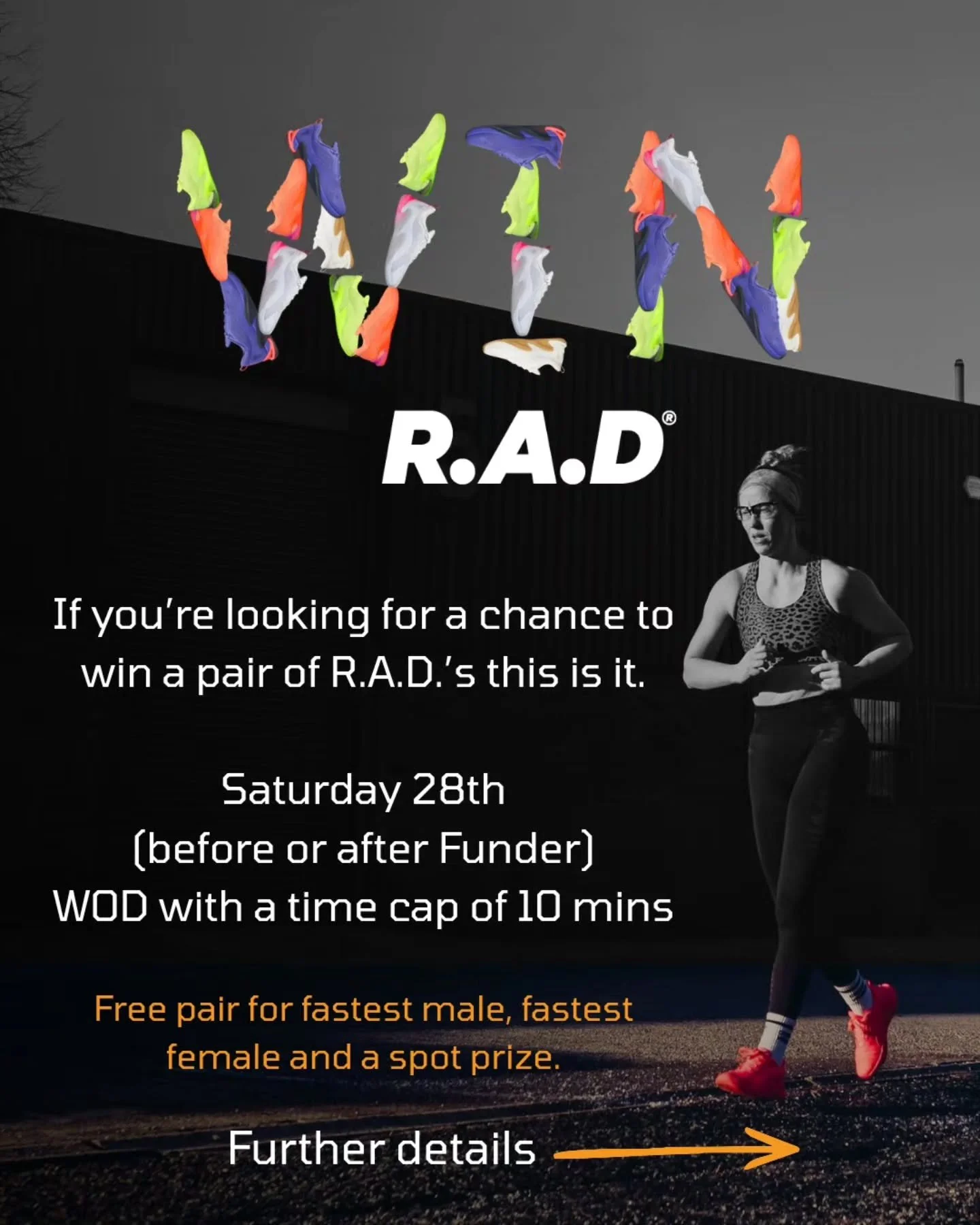 Fancy a FREE pair of R.A.D.s? ⚡️⚡️⚡️

This Saturday (before or after Funder) is your opportunity to take part in the @rad_global Acid Athletics competition. Free to enter.

You have a time cap to complete the following:

10 shuttle runs
50 wallballs
