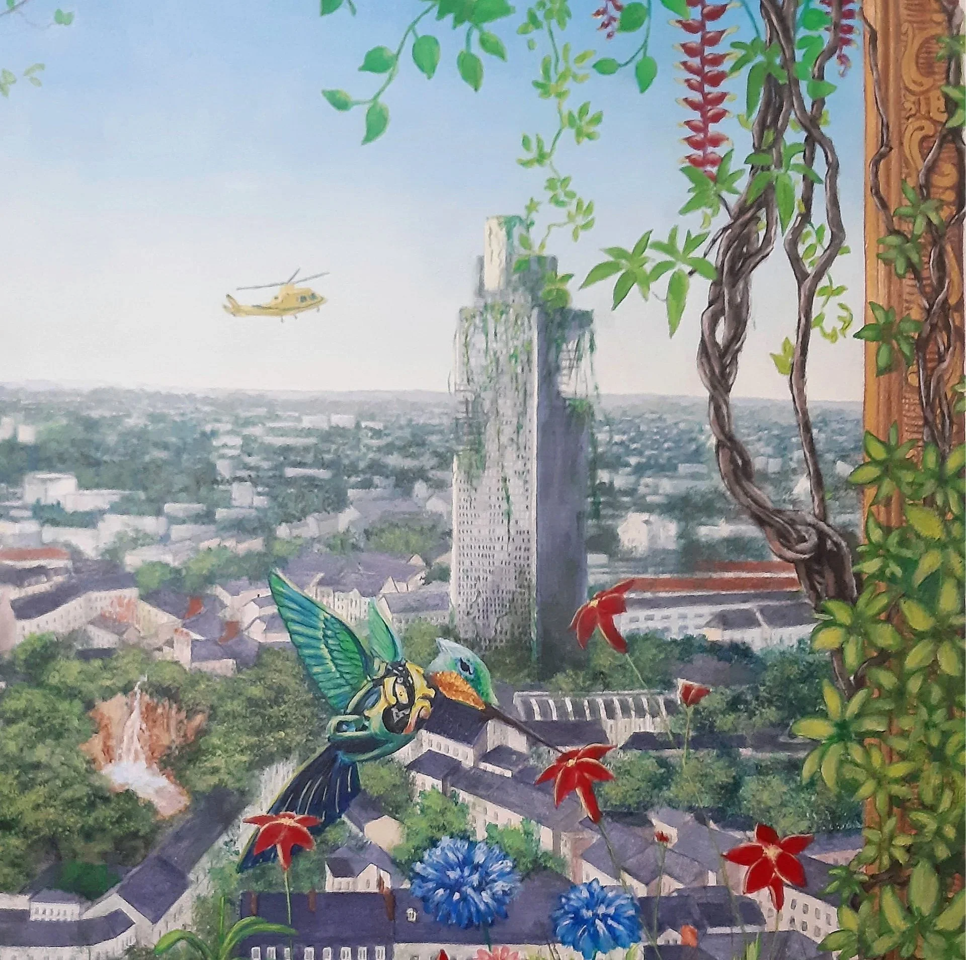 Commande. Vision futuriste de la ville de Nantes, où la végétation a pris possession des lieux et où les Machines ont survécues. Cadre réalisé en trompe l’oeil. Peinture acrylique - 2020