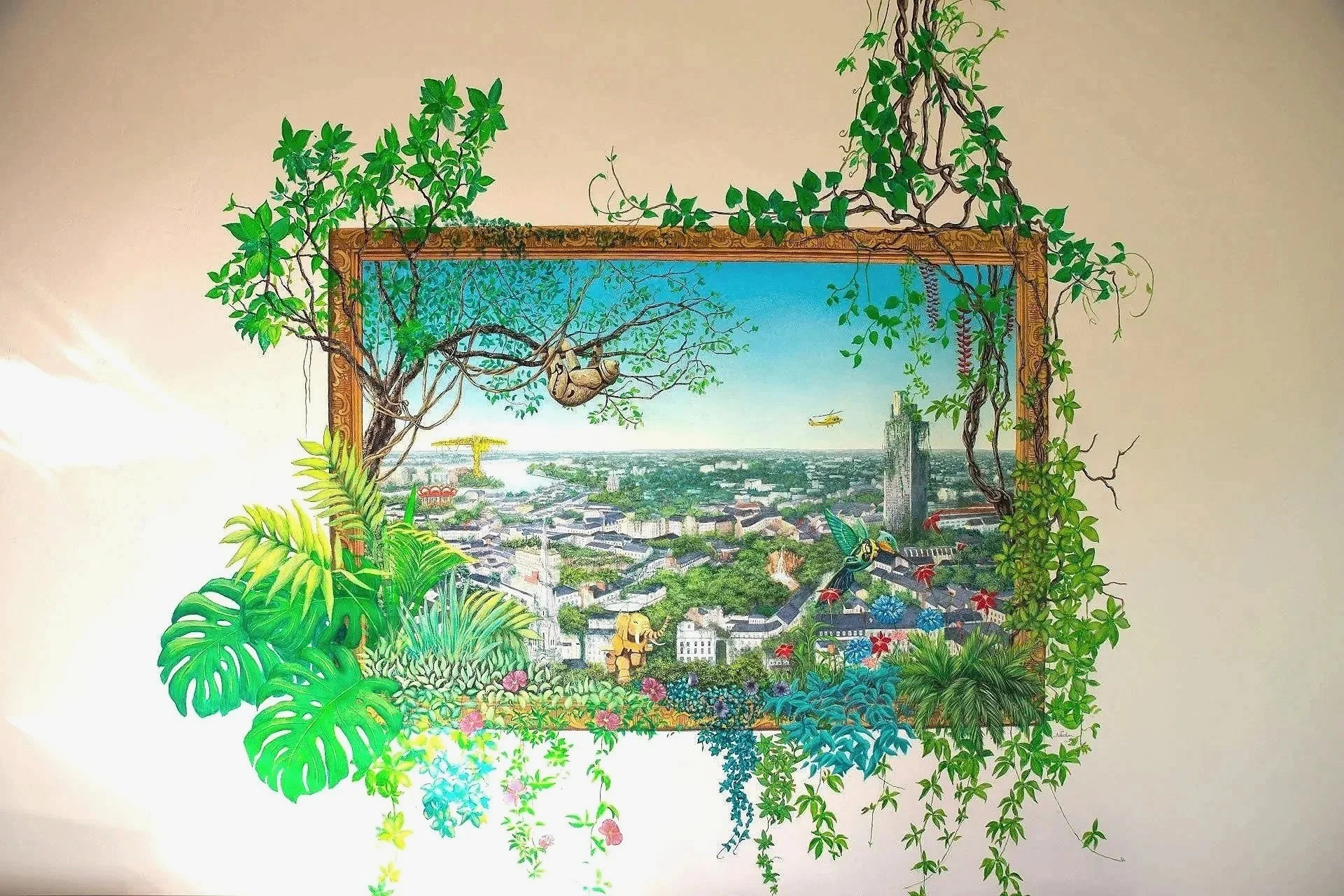 Commande. Vision futuriste de la ville de Nantes, où la végétation a pris possession des lieux et où les Machines ont survécues. Cadre réalisé en trompe l’oeil. Peinture acrylique - 2020