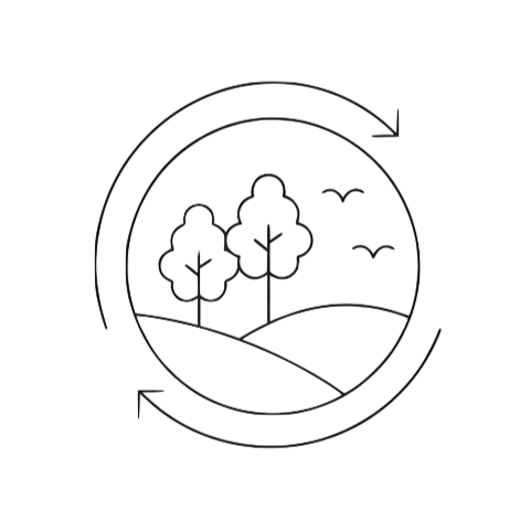 Illustration of three trees on a hill with two flying birds and arrows forming a circular design.