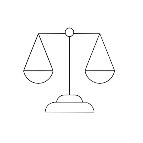 Outline drawing of a balance scale with two pans hanging from a central pole.
